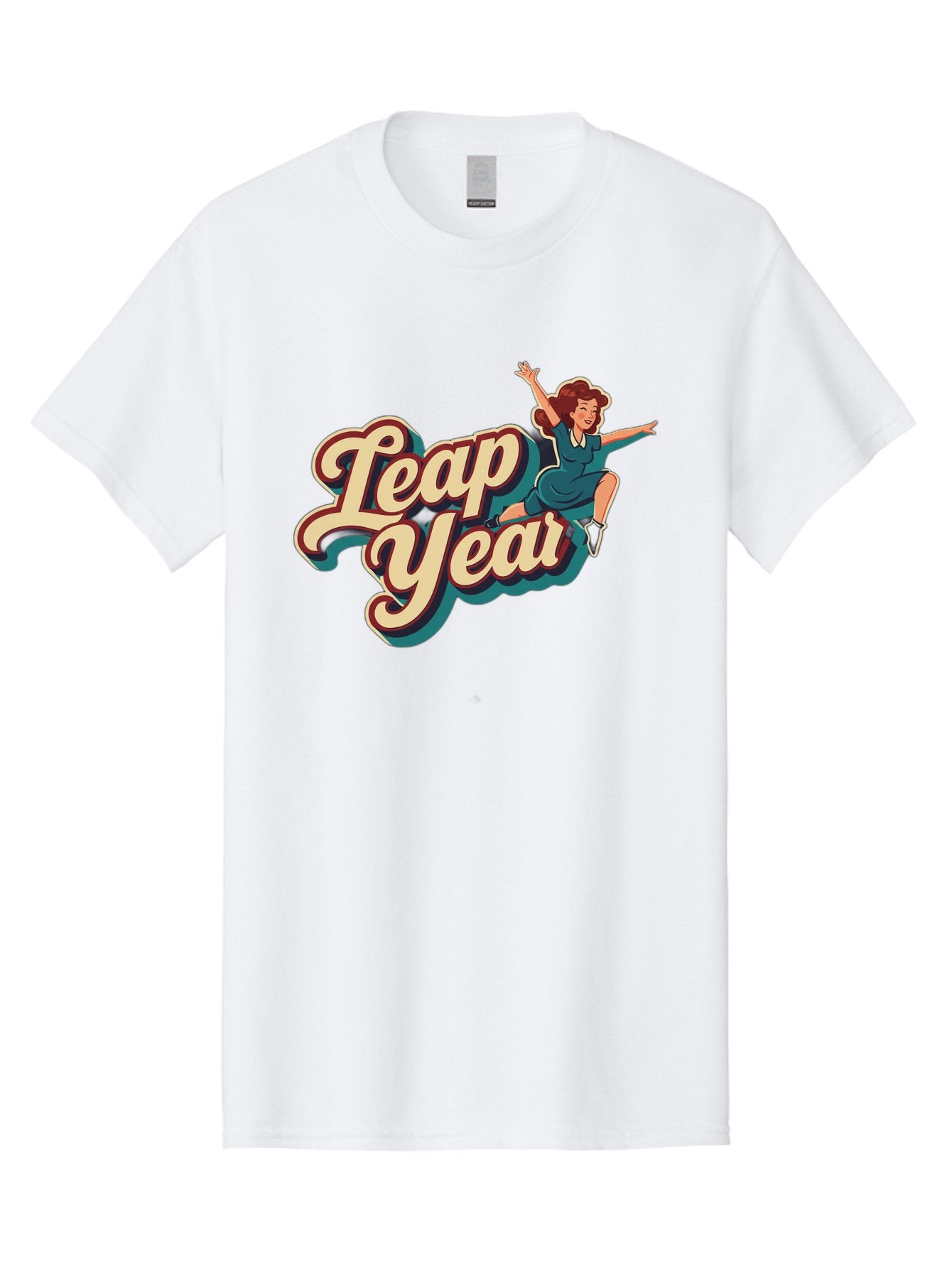 Leap-Year-6 Men'S Graphic Tee, 100% Cotton, Comfortable Casual Summer Wear, Machine Washable, Leap Year, Cartoon Woman, Retro Style, Playful Vibe, Jumping Gesture, Fun Graphics, Vintage Aesthetic, Happy Atmosphere Bac116