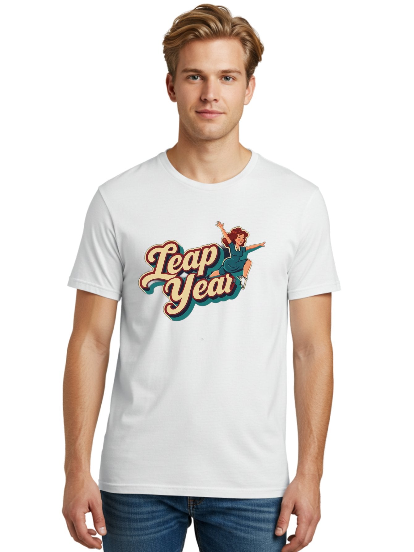 Leap-Year-6 Men'S Graphic Tee, 100% Cotton, Comfortable Casual Summer Wear, Machine Washable, Leap Year, Cartoon Woman, Retro Style, Playful Vibe, Jumping Gesture, Fun Graphics, Vintage Aesthetic, Happy Atmosphere Bac116 19