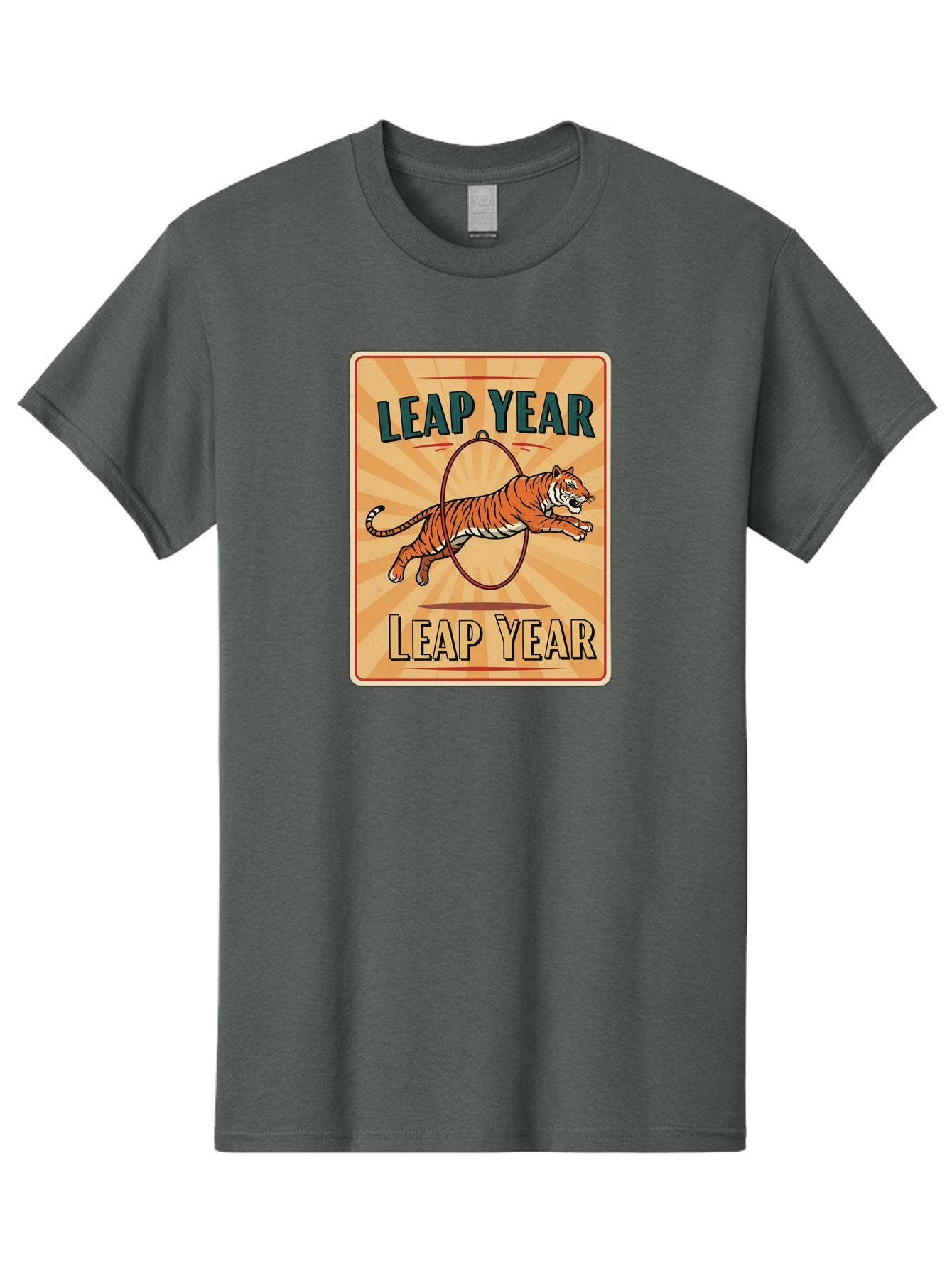 Leap-Year Men'S Graphic Tee, 100% Cotton, Comfortable Casual Summer Wear, Machine Washable, Leaping Tiger, Circus Act, Vintage Poster, Retro Design, Tiger Jumping Through Hoop, Playful Graphics, Bold Typography, Leap Year Theme, Bac117 5