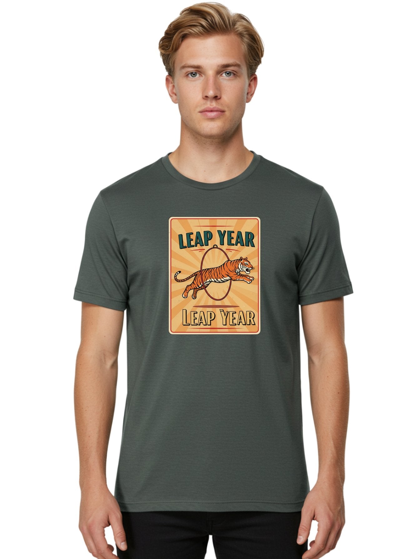 Leap-Year Men'S Graphic Tee, 100% Cotton, Comfortable Casual Summer Wear, Machine Washable, Leaping Tiger, Circus Act, Vintage Poster, Retro Design, Tiger Jumping Through Hoop, Playful Graphics, Bold Typography, Leap Year Theme, Bac117 23