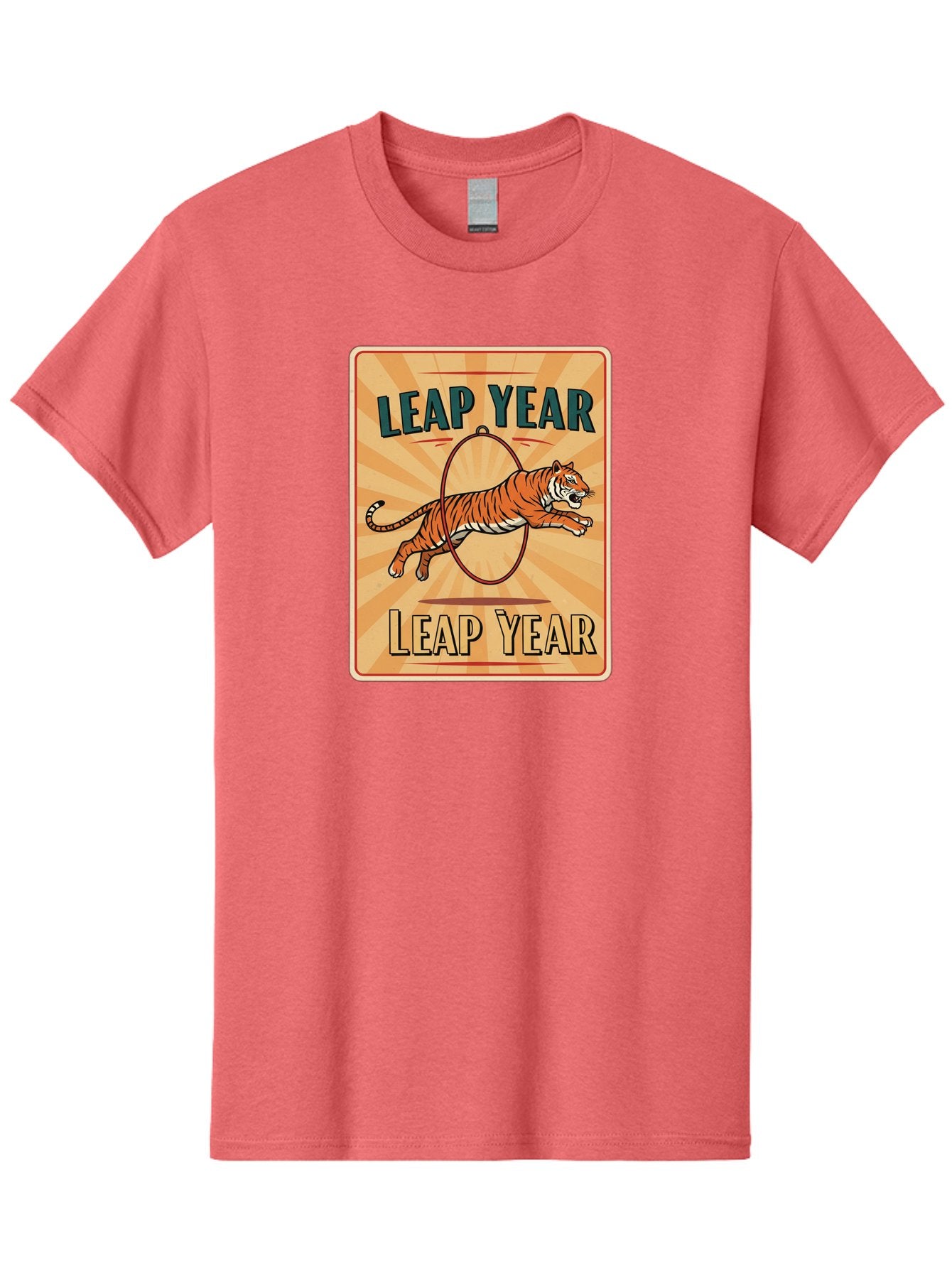 Leap-Year Men'S Graphic Tee, 100% Cotton, Comfortable Casual Summer Wear, Machine Washable, Leaping Tiger, Circus Act, Vintage Poster, Retro Design, Tiger Jumping Through Hoop, Playful Graphics, Bold Typography, Leap Year Theme, Bac117