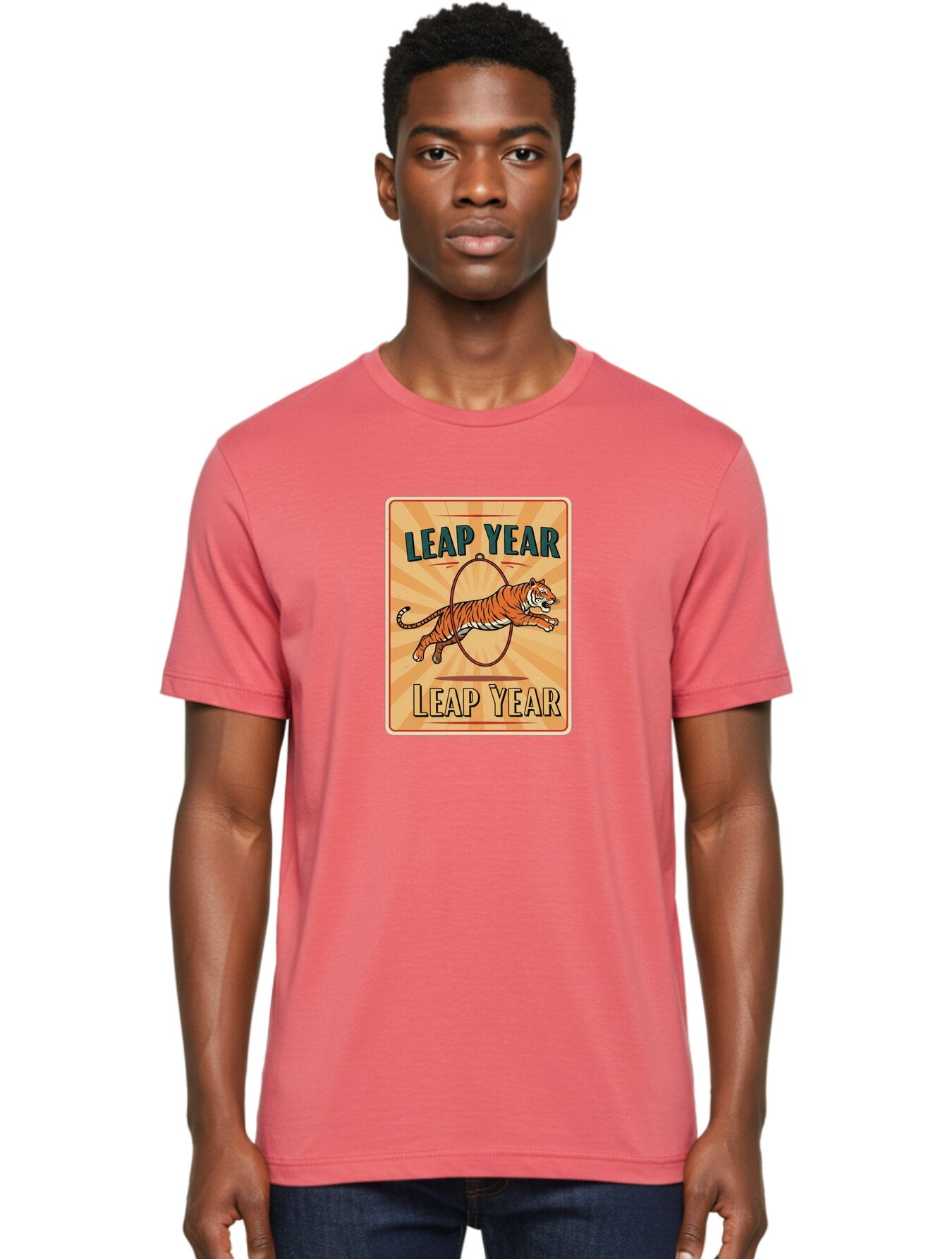 Leap-Year Men'S Graphic Tee, 100% Cotton, Comfortable Casual Summer Wear, Machine Washable, Leaping Tiger, Circus Act, Vintage Poster, Retro Design, Tiger Jumping Through Hoop, Playful Graphics, Bold Typography, Leap Year Theme, Bac117 21
