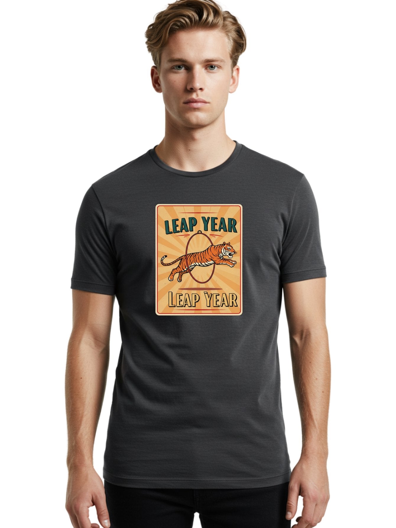 Leap-Year Men'S Graphic Tee, 100% Cotton, Comfortable Casual Summer Wear, Machine Washable, Leaping Tiger, Circus Act, Vintage Poster, Retro Design, Tiger Jumping Through Hoop, Playful Graphics, Bold Typography, Leap Year Theme, Bac117 17