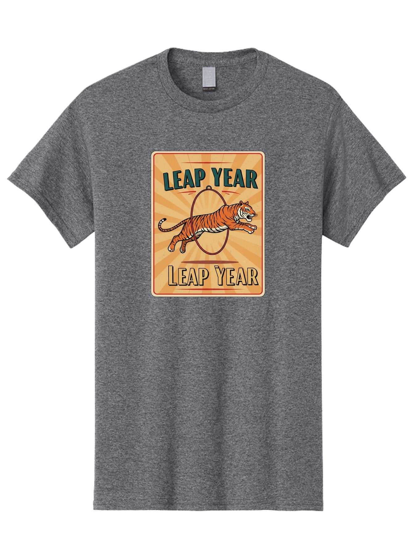 Leap-Year Men'S Graphic Tee, 100% Cotton, Comfortable Casual Summer Wear, Machine Washable, Leaping Tiger, Circus Act, Vintage Poster, Retro Design, Tiger Jumping Through Hoop, Playful Graphics, Bold Typography, Leap Year Theme, Bac117