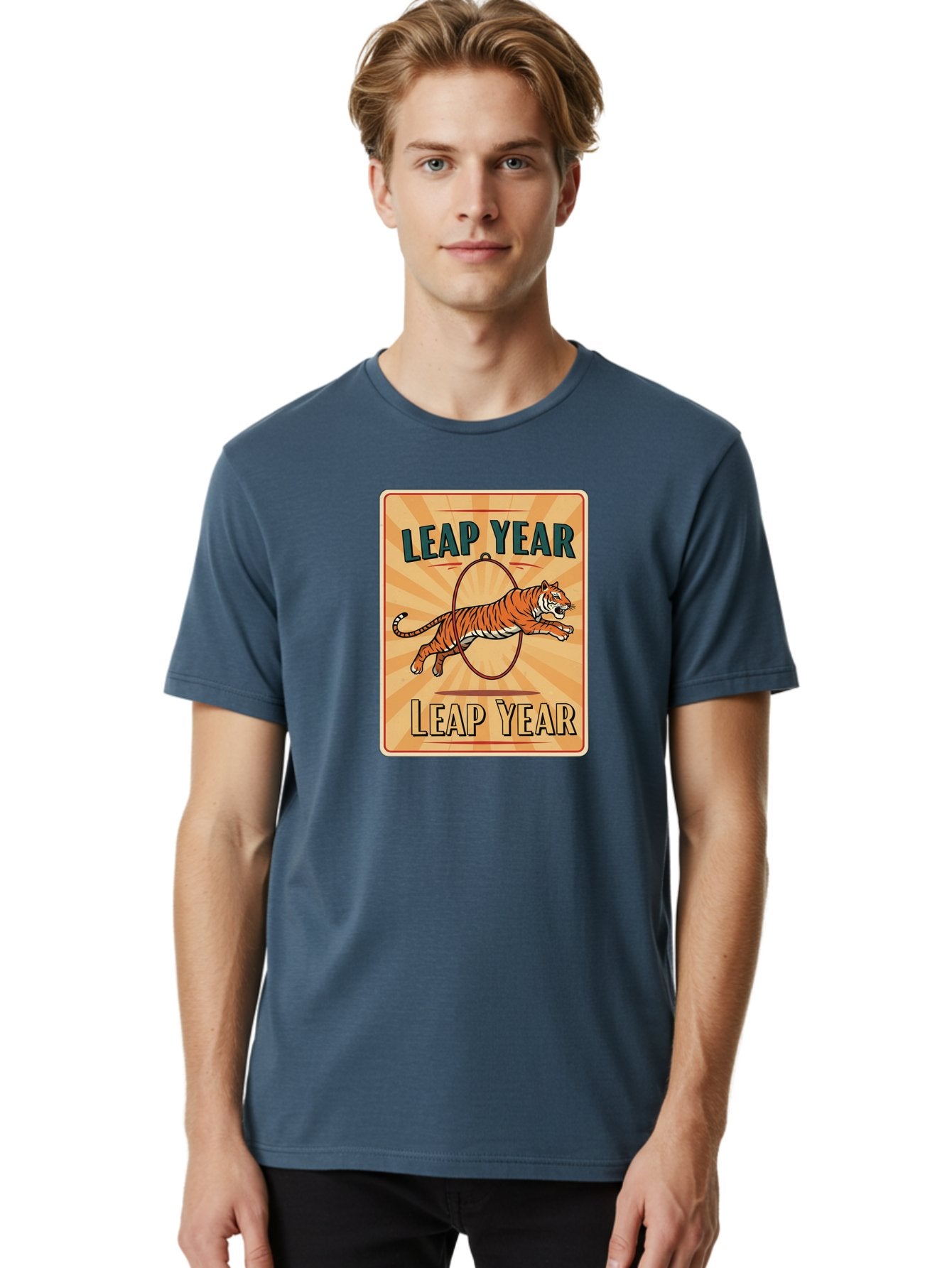 Leap-Year Men'S Graphic Tee, 100% Cotton, Comfortable Casual Summer Wear, Machine Washable, Leaping Tiger, Circus Act, Vintage Poster, Retro Design, Tiger Jumping Through Hoop, Playful Graphics, Bold Typography, Leap Year Theme, Bac117 24