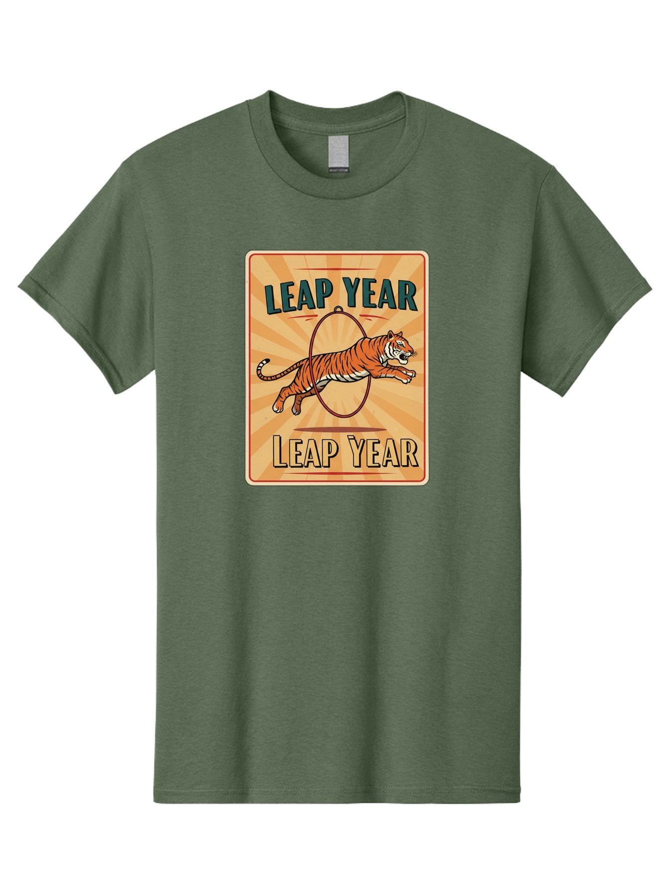 Leap-Year Men'S Graphic Tee, 100% Cotton, Comfortable Casual Summer Wear, Machine Washable, Leaping Tiger, Circus Act, Vintage Poster, Retro Design, Tiger Jumping Through Hoop, Playful Graphics, Bold Typography, Leap Year Theme, Bac117 7