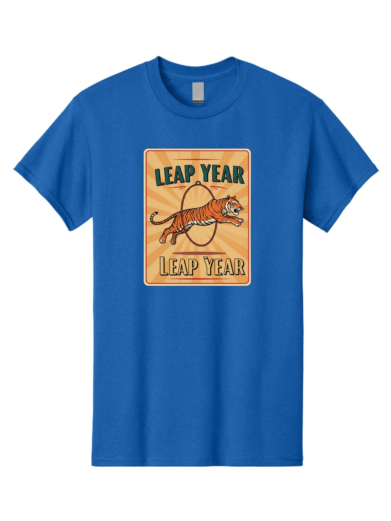 Leap-Year Men'S Graphic Tee, 100% Cotton, Comfortable Casual Summer Wear, Machine Washable, Leaping Tiger, Circus Act, Vintage Poster, Retro Design, Tiger Jumping Through Hoop, Playful Graphics, Bold Typography, Leap Year Theme, Bac117 4