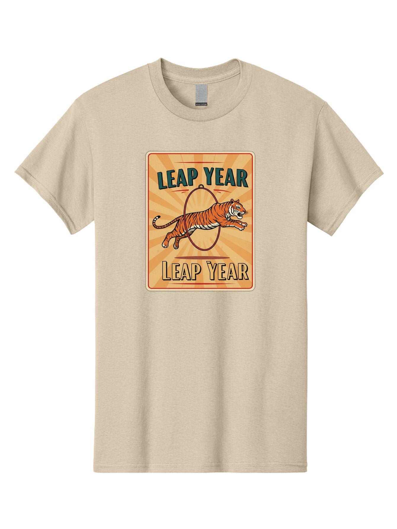 Leap-Year Men'S Graphic Tee, 100% Cotton, Comfortable Casual Summer Wear, Machine Washable, Leaping Tiger, Circus Act, Vintage Poster, Retro Design, Tiger Jumping Through Hoop, Playful Graphics, Bold Typography, Leap Year Theme, Bac117 13