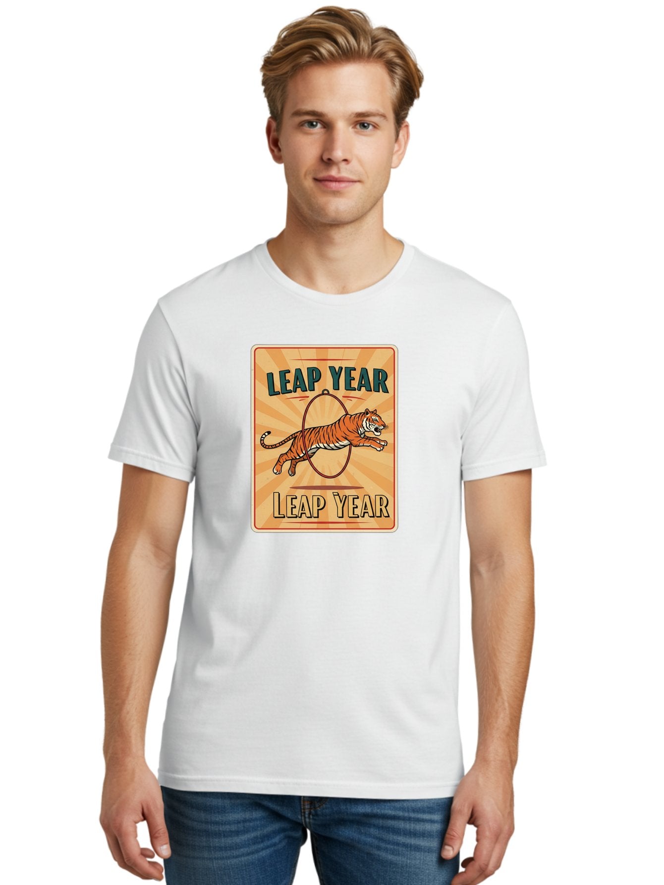 Leap-Year Men'S Graphic Tee, 100% Cotton, Comfortable Casual Summer Wear, Machine Washable, Leaping Tiger, Circus Act, Vintage Poster, Retro Design, Tiger Jumping Through Hoop, Playful Graphics, Bold Typography, Leap Year Theme, Bac117 27