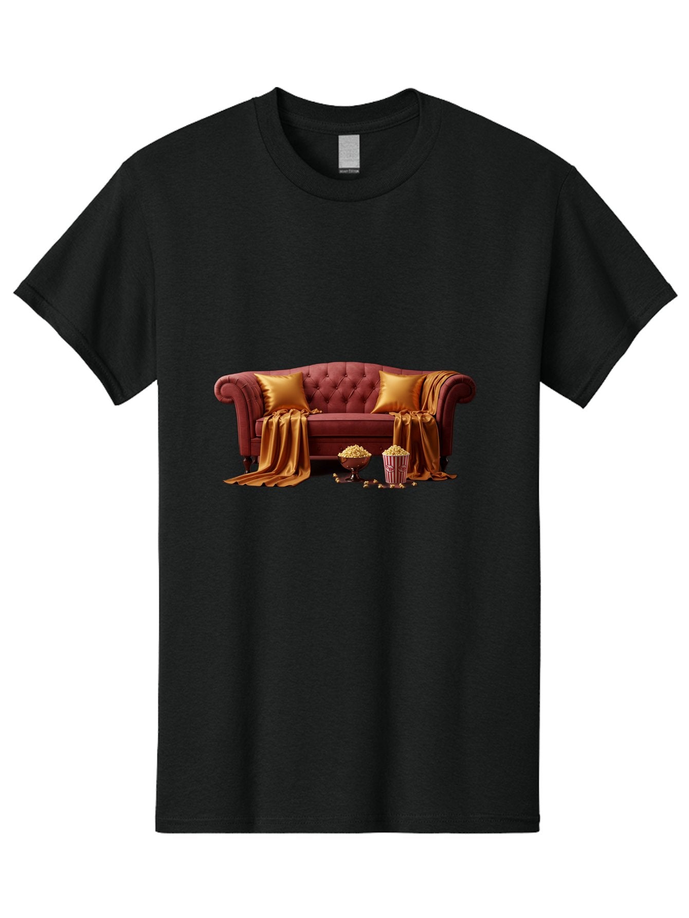 Leather-Sofa Men'S Graphic Tee, 100% Cotton, Comfortable Casual Summer Wear, Machine Washable, Red Couch, Golden Pillows, Golden Blanket, Popcorn, Popcorn Bowl, Popcorn Bucket, Cinema Experience, Home Entertainment, Cozy Atmosphere, Bac118 8