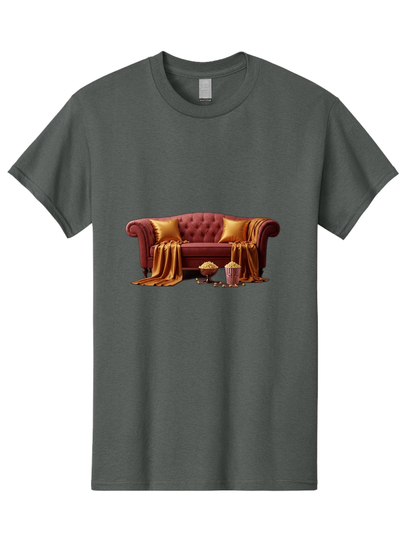 Leather-Sofa Men'S Graphic Tee, 100% Cotton, Comfortable Casual Summer Wear, Machine Washable, Red Couch, Golden Pillows, Golden Blanket, Popcorn, Popcorn Bowl, Popcorn Bucket, Cinema Experience, Home Entertainment, Cozy Atmosphere, Bac118 4