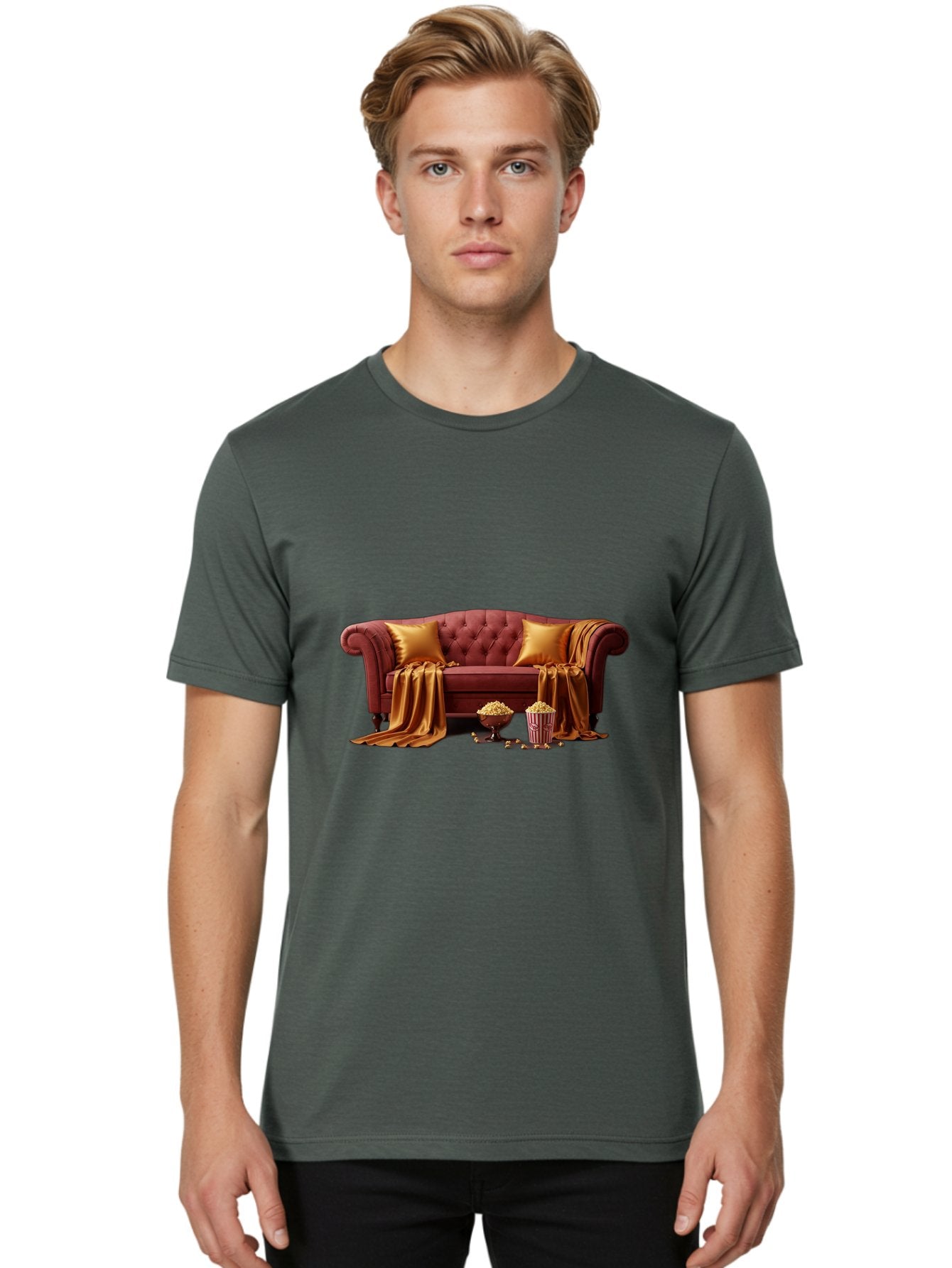 Leather-Sofa Men'S Graphic Tee, 100% Cotton, Comfortable Casual Summer Wear, Machine Washable, Red Couch, Golden Pillows, Golden Blanket, Popcorn, Popcorn Bowl, Popcorn Bucket, Cinema Experience, Home Entertainment, Cozy Atmosphere, Bac118 18