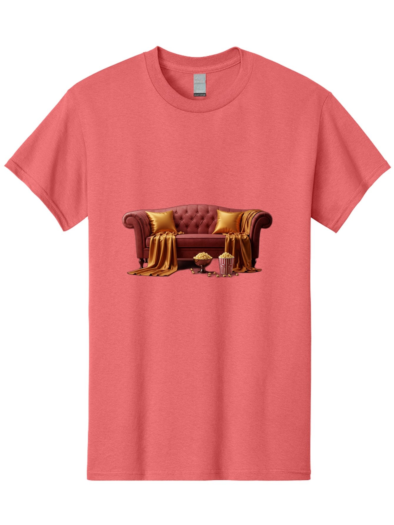 Leather-Sofa Men'S Graphic Tee, 100% Cotton, Comfortable Casual Summer Wear, Machine Washable, Red Couch, Golden Pillows, Golden Blanket, Popcorn, Popcorn Bowl, Popcorn Bucket, Cinema Experience, Home Entertainment, Cozy Atmosphere, Bac118 9