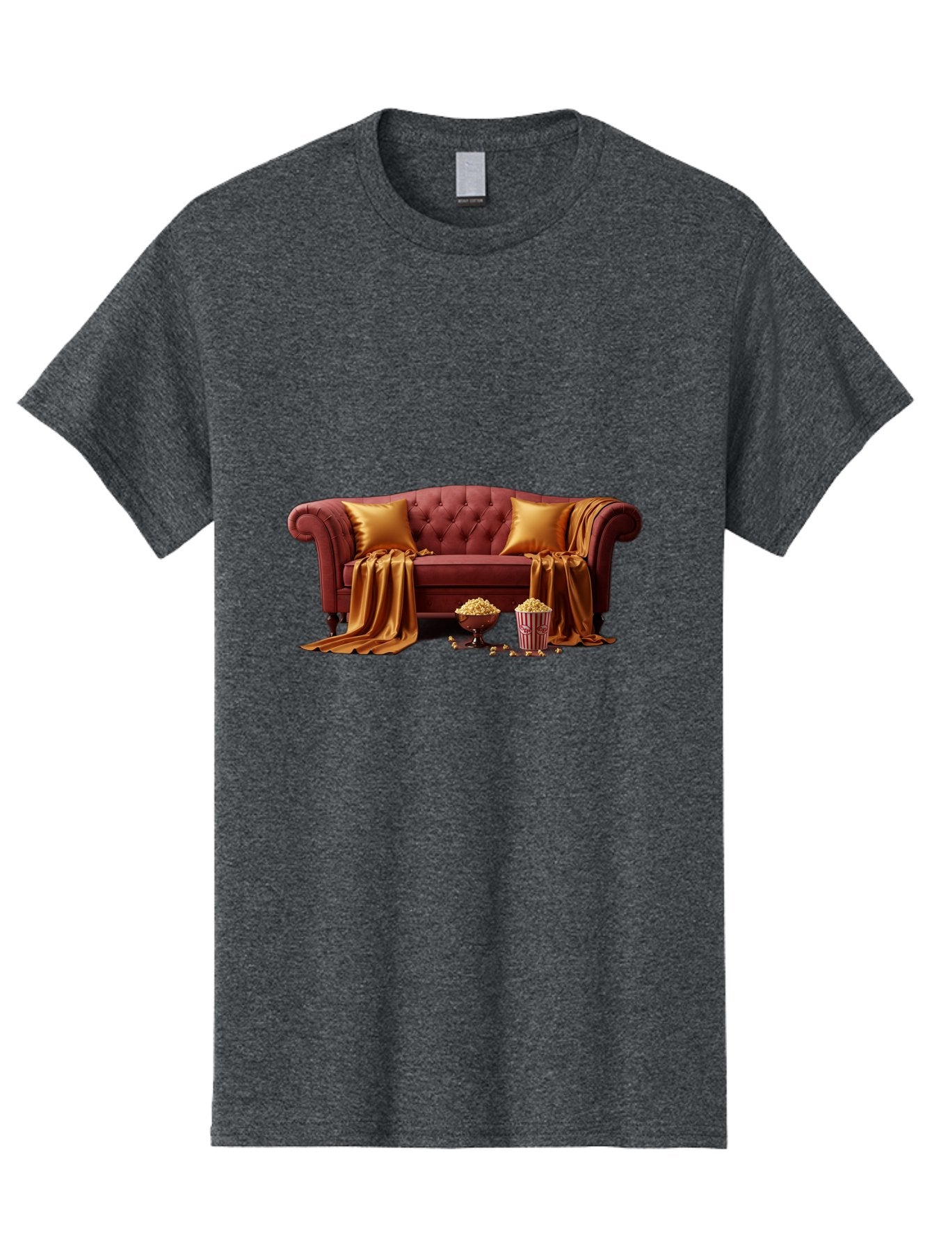 Leather-Sofa Men'S Graphic Tee, 100% Cotton, Comfortable Casual Summer Wear, Machine Washable, Red Couch, Golden Pillows, Golden Blanket, Popcorn, Popcorn Bowl, Popcorn Bucket, Cinema Experience, Home Entertainment, Cozy Atmosphere, Bac118 5
