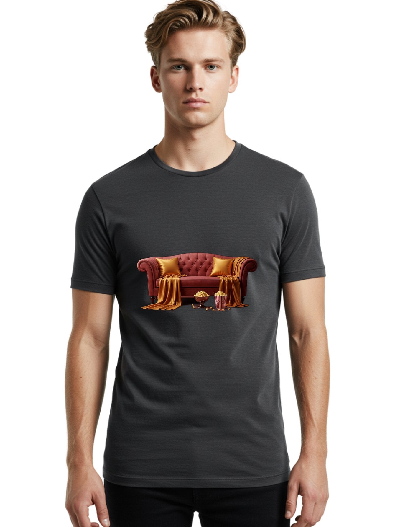 Leather-Sofa Men'S Graphic Tee, 100% Cotton, Comfortable Casual Summer Wear, Machine Washable, Red Couch, Golden Pillows, Golden Blanket, Popcorn, Popcorn Bowl, Popcorn Bucket, Cinema Experience, Home Entertainment, Cozy Atmosphere, Bac118 23