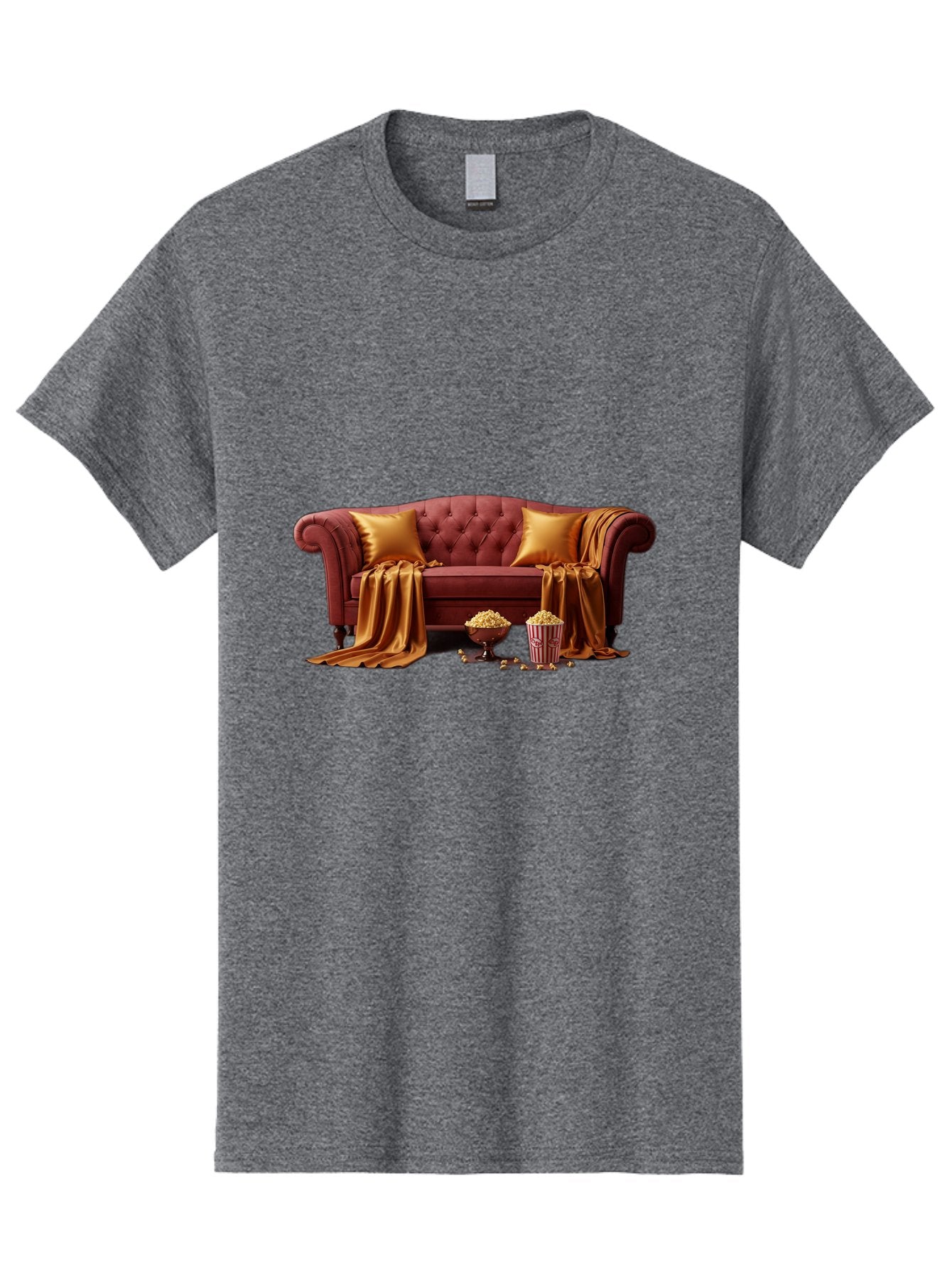 Leather-Sofa Men'S Graphic Tee, 100% Cotton, Comfortable Casual Summer Wear, Machine Washable, Red Couch, Golden Pillows, Golden Blanket, Popcorn, Popcorn Bowl, Popcorn Bucket, Cinema Experience, Home Entertainment, Cozy Atmosphere, Bac118 6