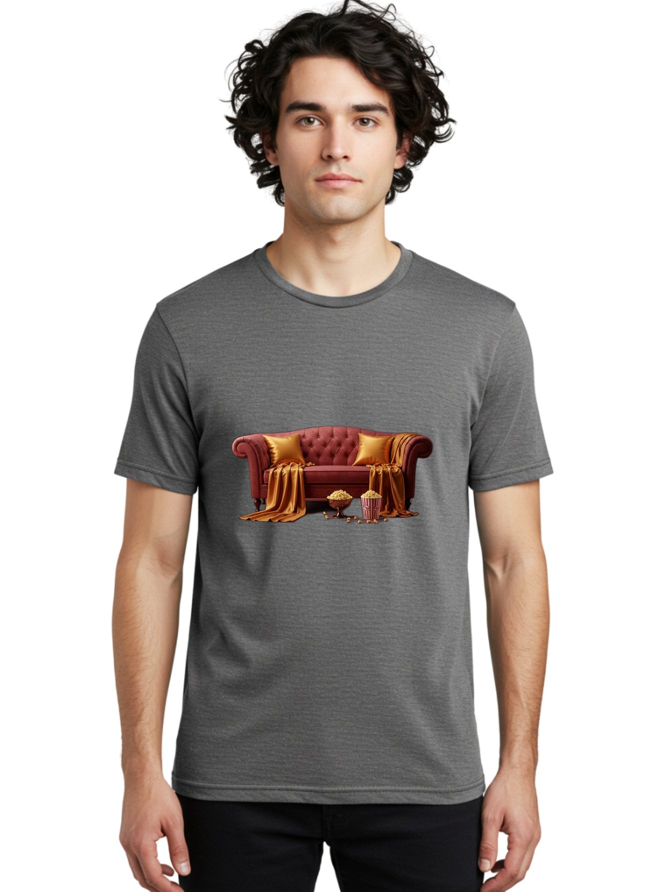 Leather-Sofa Men'S Graphic Tee, 100% Cotton, Comfortable Casual Summer Wear, Machine Washable, Red Couch, Golden Pillows, Golden Blanket, Popcorn, Popcorn Bowl, Popcorn Bucket, Cinema Experience, Home Entertainment, Cozy Atmosphere, Bac118 24