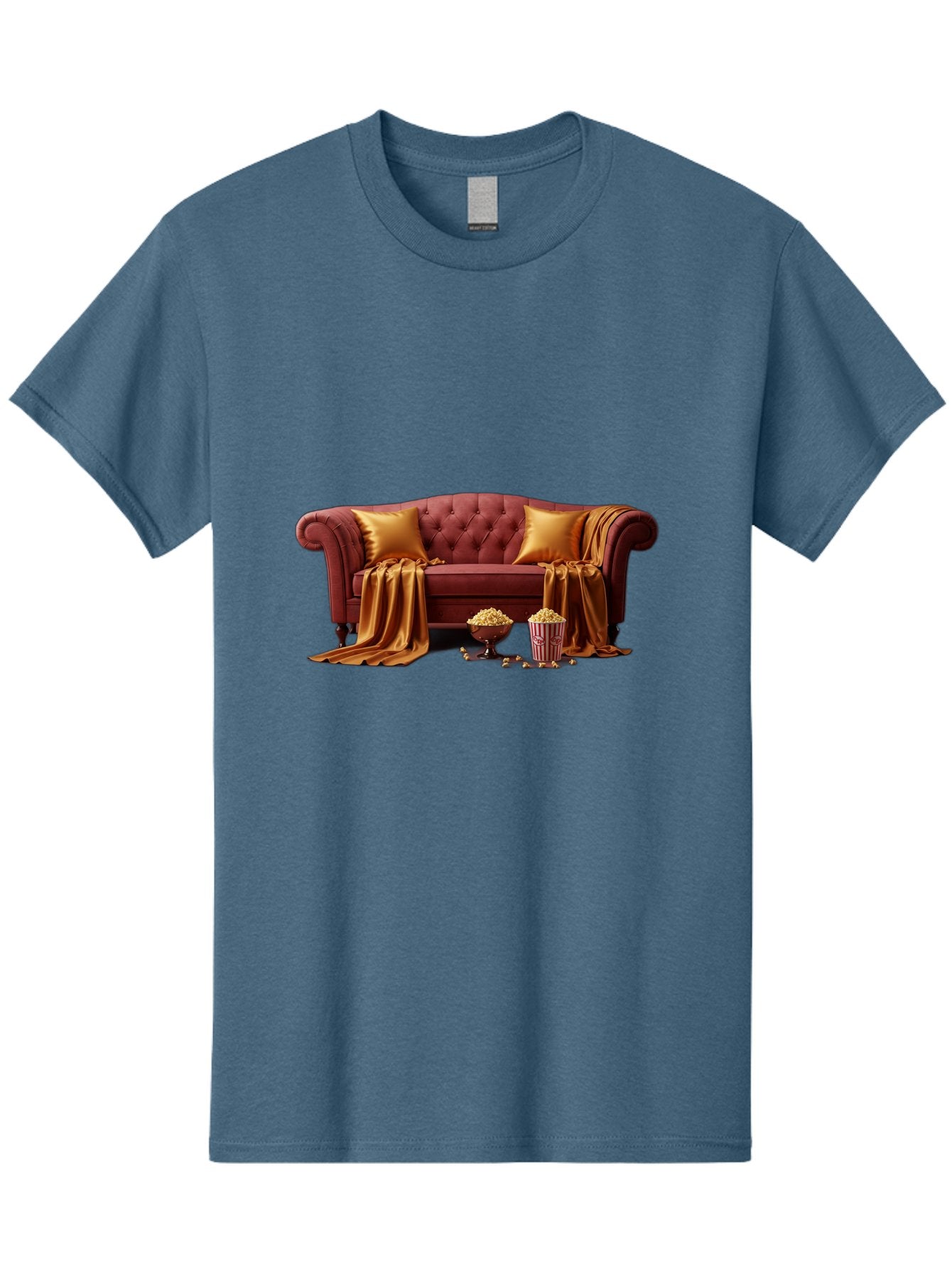 Leather-Sofa Men'S Graphic Tee, 100% Cotton, Comfortable Casual Summer Wear, Machine Washable, Red Couch, Golden Pillows, Golden Blanket, Popcorn, Popcorn Bowl, Popcorn Bucket, Cinema Experience, Home Entertainment, Cozy Atmosphere, Bac118 14