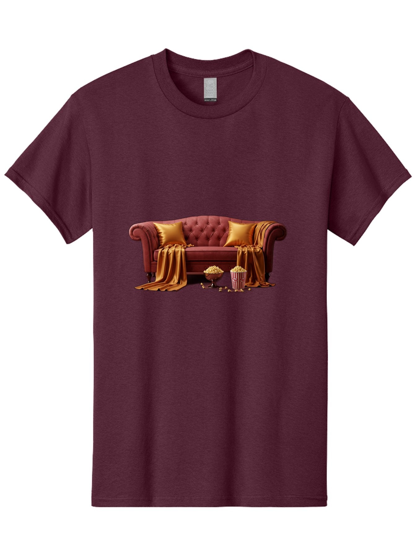 Leather-Sofa Men'S Graphic Tee, 100% Cotton, Comfortable Casual Summer Wear, Machine Washable, Red Couch, Golden Pillows, Golden Blanket, Popcorn, Popcorn Bowl, Popcorn Bucket, Cinema Experience, Home Entertainment, Cozy Atmosphere, Bac118 12