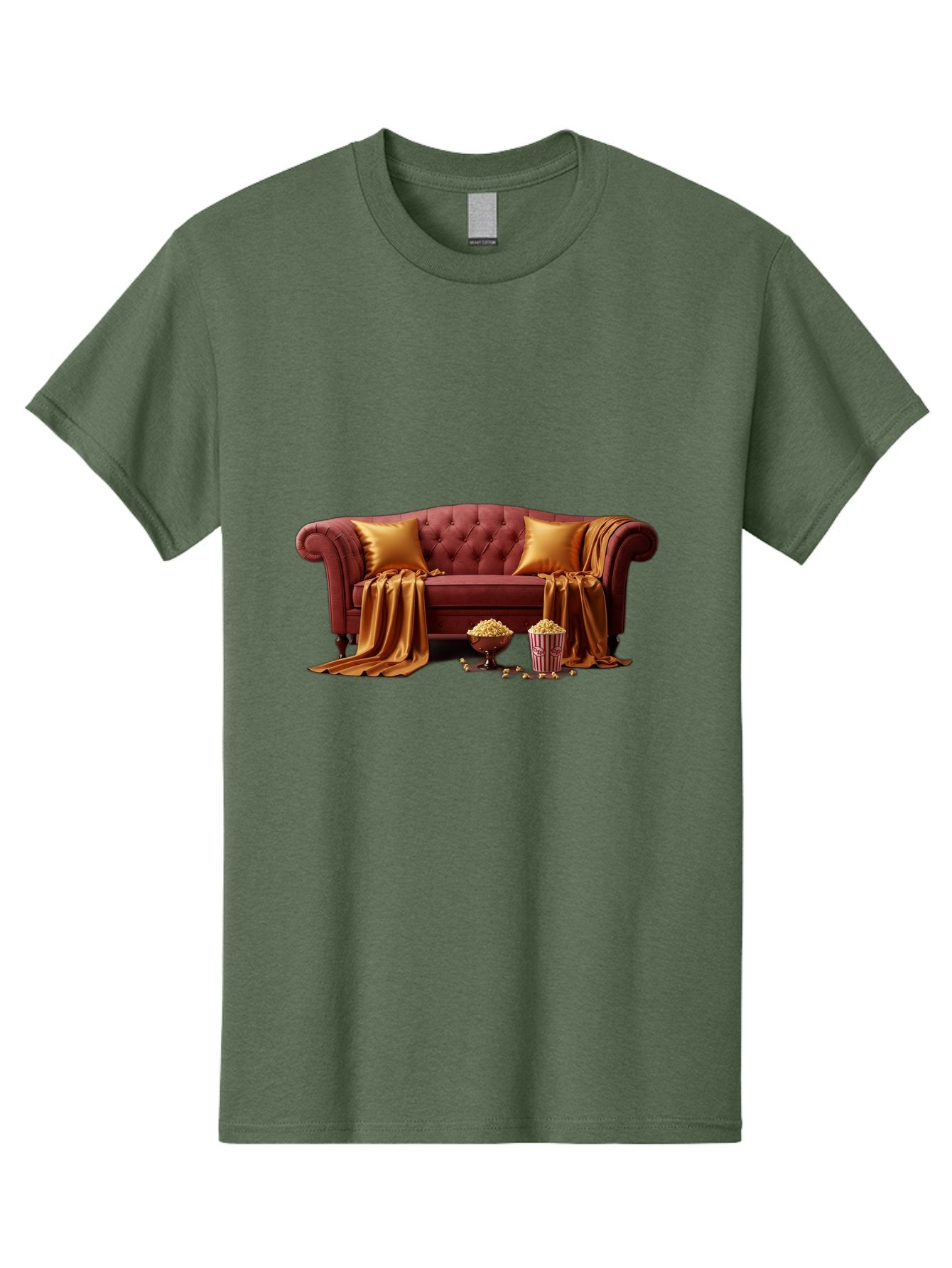Leather-Sofa Men'S Graphic Tee, 100% Cotton, Comfortable Casual Summer Wear, Machine Washable, Red Couch, Golden Pillows, Golden Blanket, Popcorn, Popcorn Bowl, Popcorn Bucket, Cinema Experience, Home Entertainment, Cozy Atmosphere, Bac118 3
