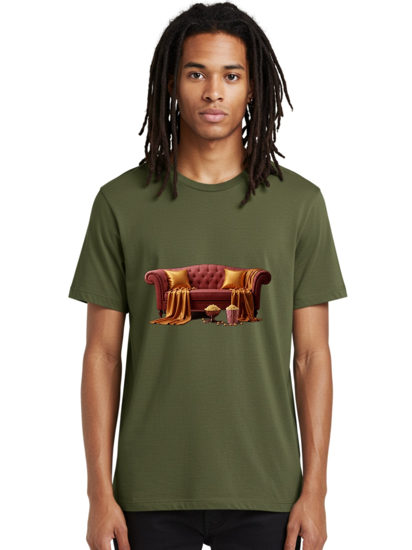 Leather-Sofa Men'S Graphic Tee, 100% Cotton, Comfortable Casual Summer Wear, Machine Washable, Red Couch, Golden Pillows, Golden Blanket, Popcorn, Popcorn Bowl, Popcorn Bucket, Cinema Experience, Home Entertainment, Cozy Atmosphere, Bac118 22