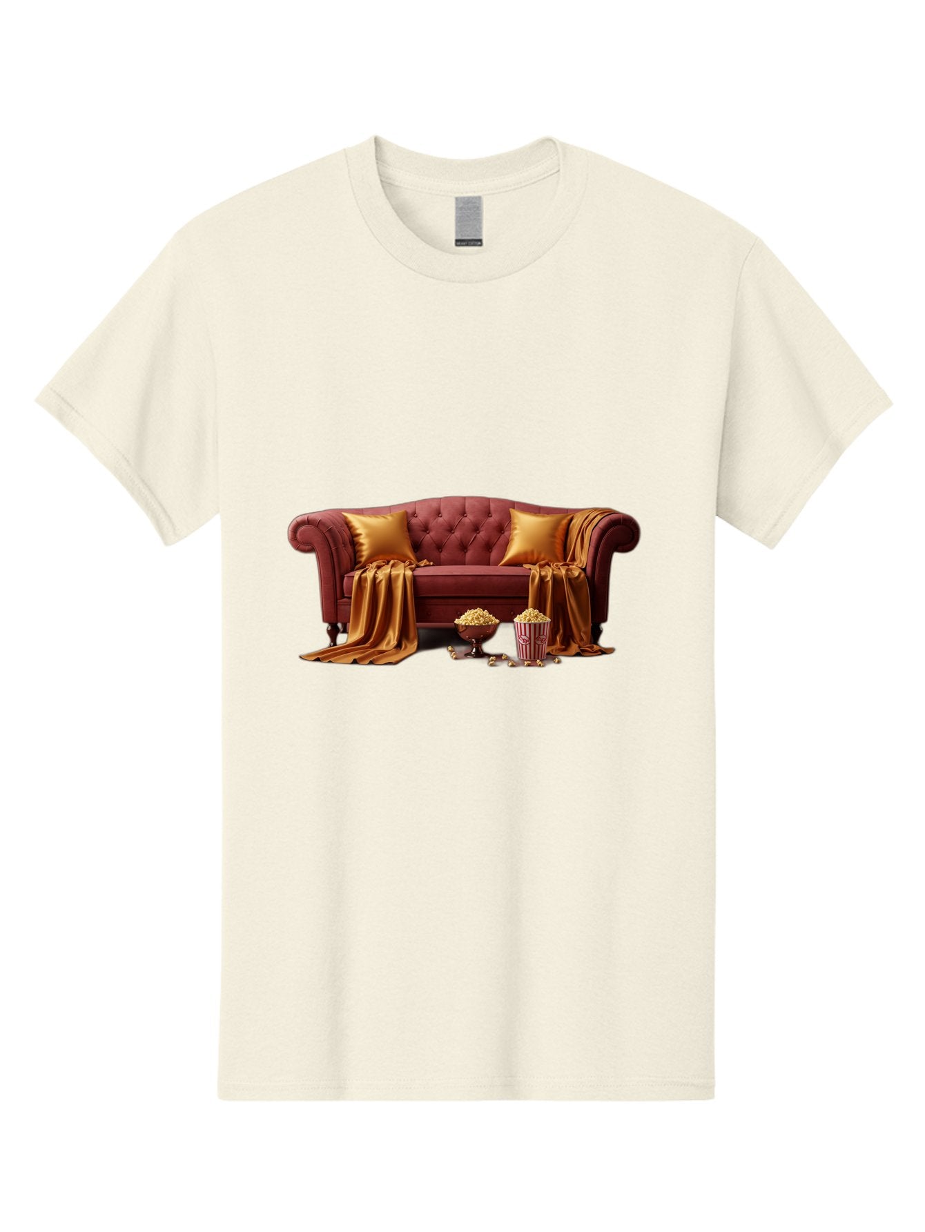 Leather-Sofa Men'S Graphic Tee, 100% Cotton, Comfortable Casual Summer Wear, Machine Washable, Red Couch, Golden Pillows, Golden Blanket, Popcorn, Popcorn Bowl, Popcorn Bucket, Cinema Experience, Home Entertainment, Cozy Atmosphere, Bac118 11