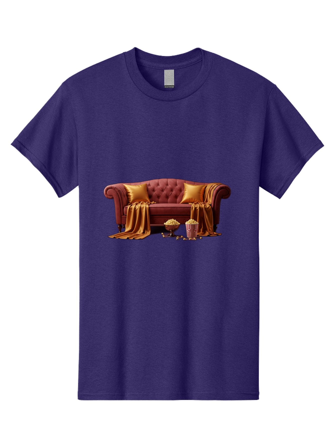 Leather-Sofa Men'S Graphic Tee, 100% Cotton, Comfortable Casual Summer Wear, Machine Washable, Red Couch, Golden Pillows, Golden Blanket, Popcorn, Popcorn Bowl, Popcorn Bucket, Cinema Experience, Home Entertainment, Cozy Atmosphere, Bac118 7