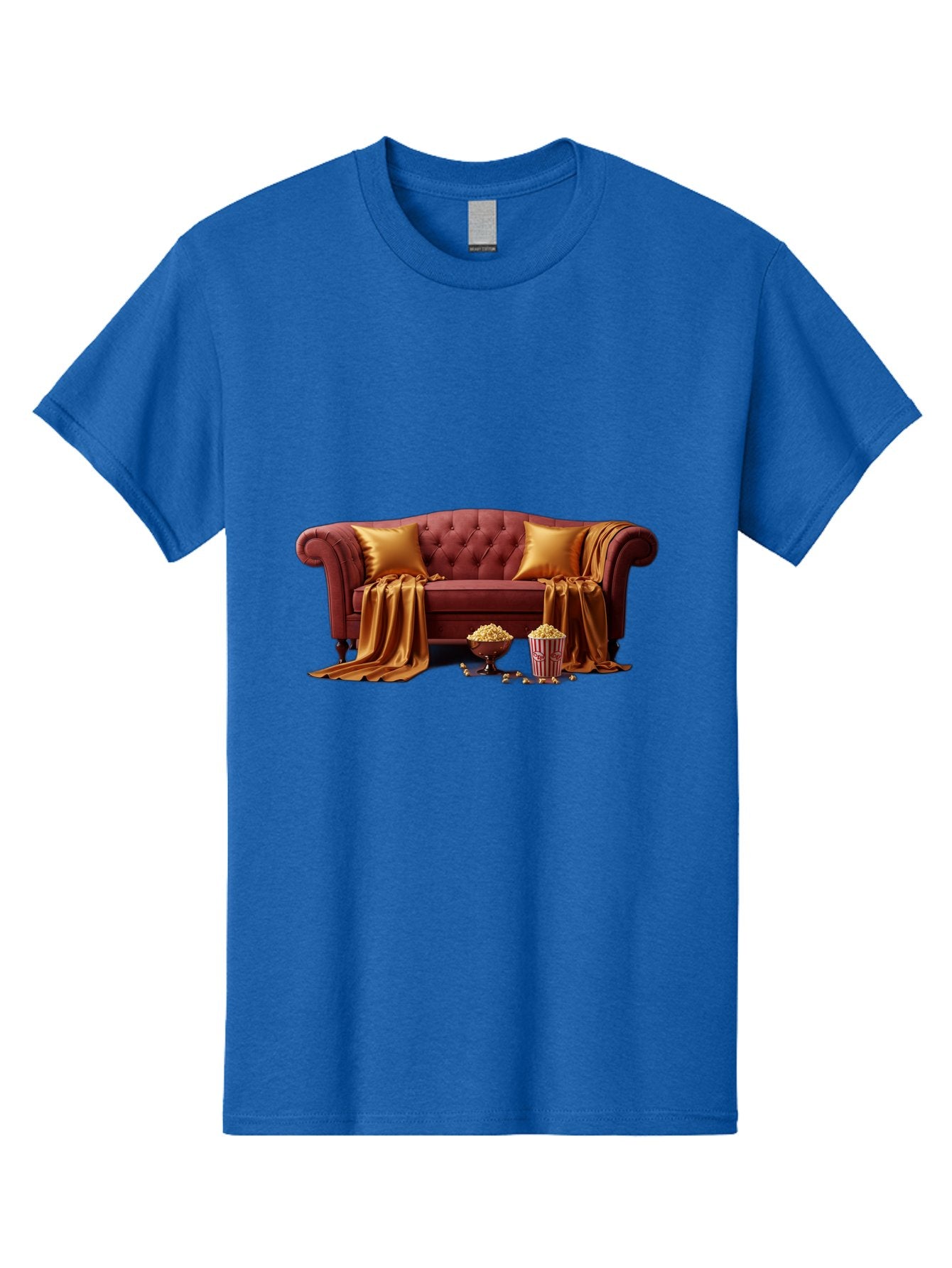 Leather-Sofa Men'S Graphic Tee, 100% Cotton, Comfortable Casual Summer Wear, Machine Washable, Red Couch, Golden Pillows, Golden Blanket, Popcorn, Popcorn Bowl, Popcorn Bucket, Cinema Experience, Home Entertainment, Cozy Atmosphere, Bac118 13