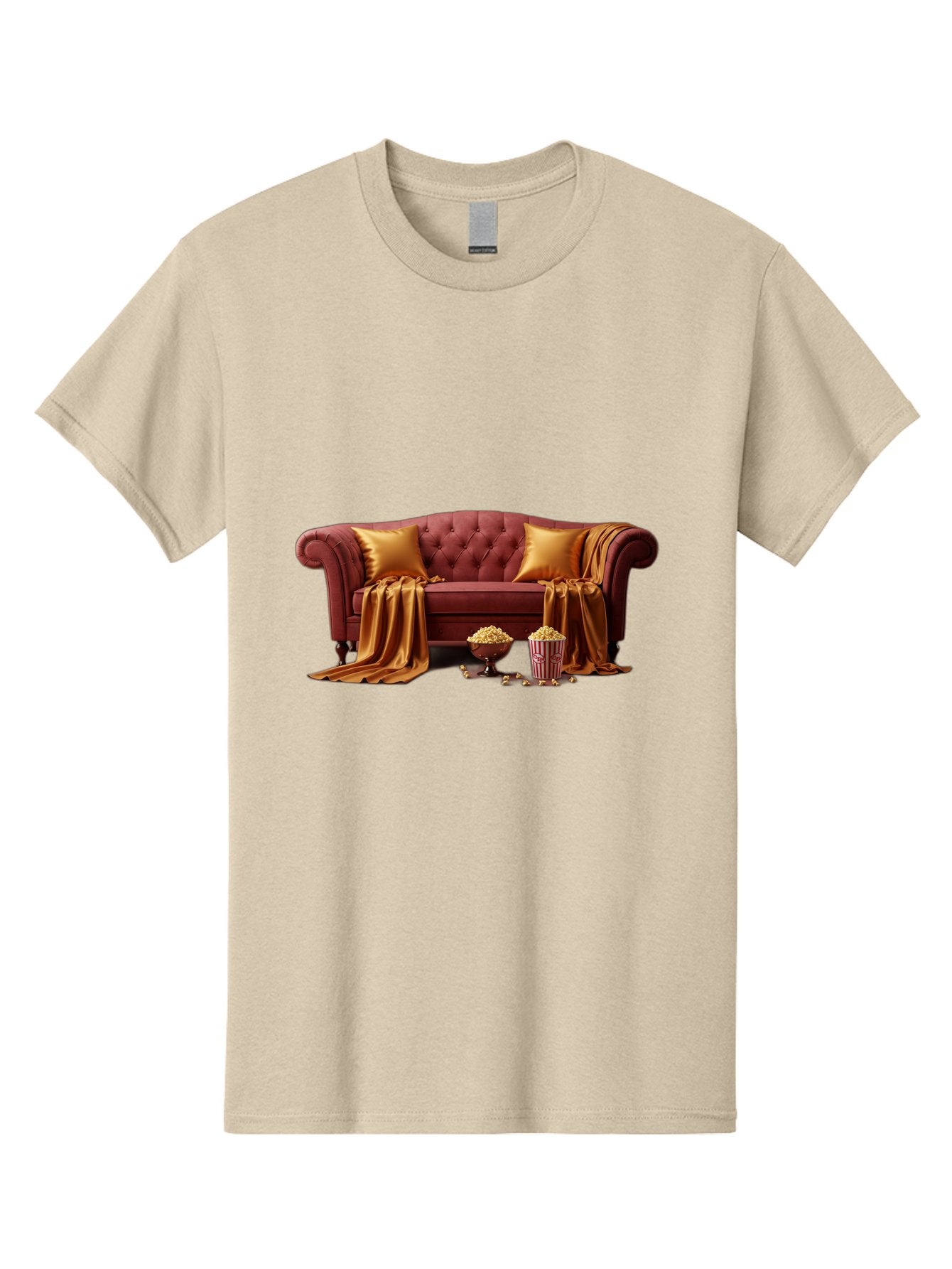 Leather-Sofa Men'S Graphic Tee, 100% Cotton, Comfortable Casual Summer Wear, Machine Washable, Red Couch, Golden Pillows, Golden Blanket, Popcorn, Popcorn Bowl, Popcorn Bucket, Cinema Experience, Home Entertainment, Cozy Atmosphere, Bac118 10