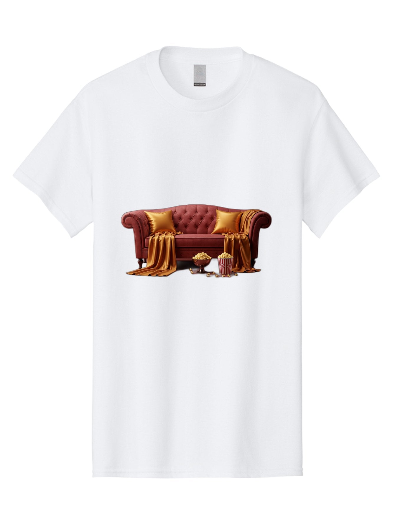Leather-Sofa Men'S Graphic Tee, 100% Cotton, Comfortable Casual Summer Wear, Machine Washable, Red Couch, Golden Pillows, Golden Blanket, Popcorn, Popcorn Bowl, Popcorn Bucket, Cinema Experience, Home Entertainment, Cozy Atmosphere, Bac118 15
