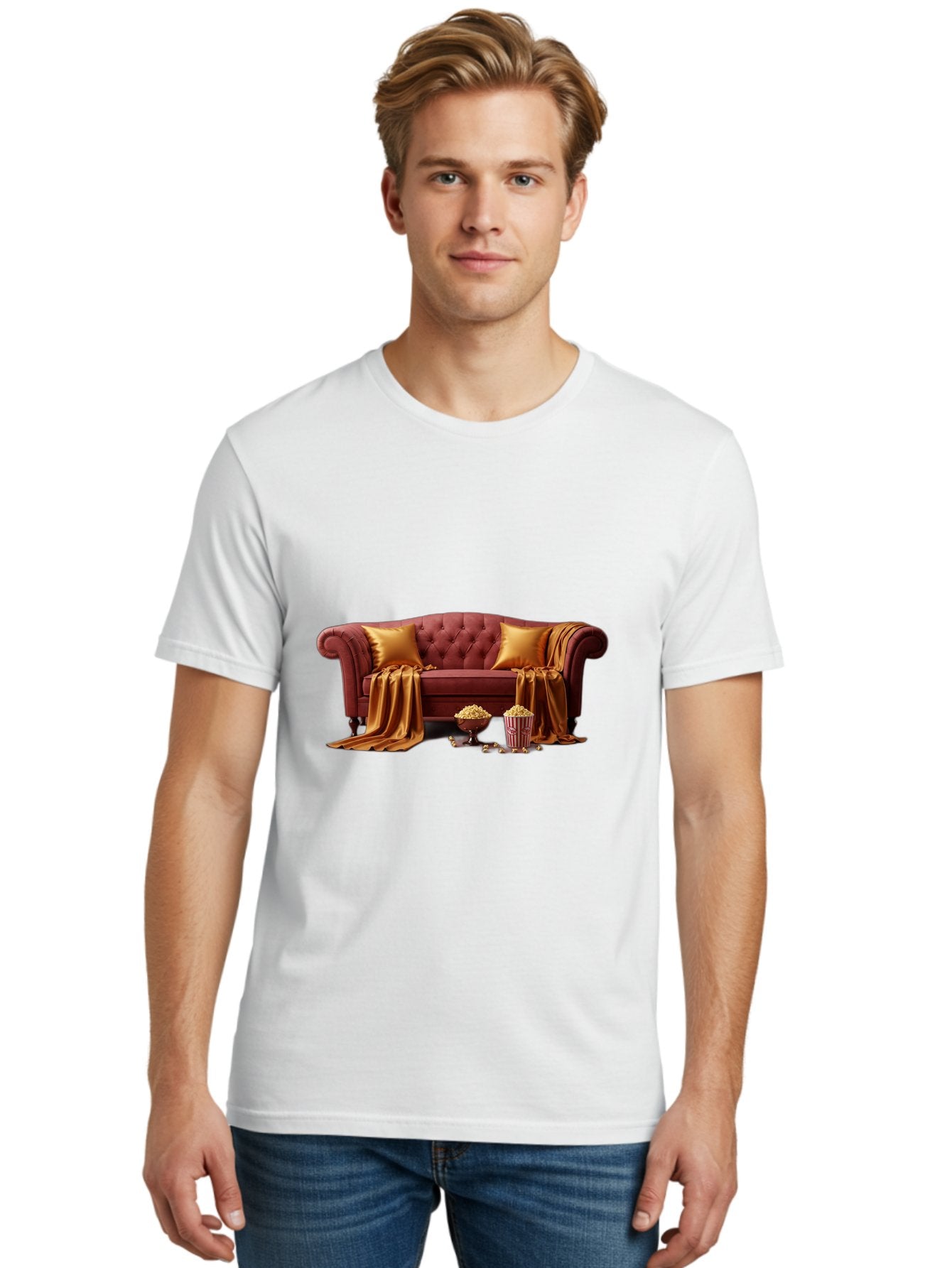Leather-Sofa Men'S Graphic Tee, 100% Cotton, Comfortable Casual Summer Wear, Machine Washable, Red Couch, Golden Pillows, Golden Blanket, Popcorn, Popcorn Bowl, Popcorn Bucket, Cinema Experience, Home Entertainment, Cozy Atmosphere, Bac118 30