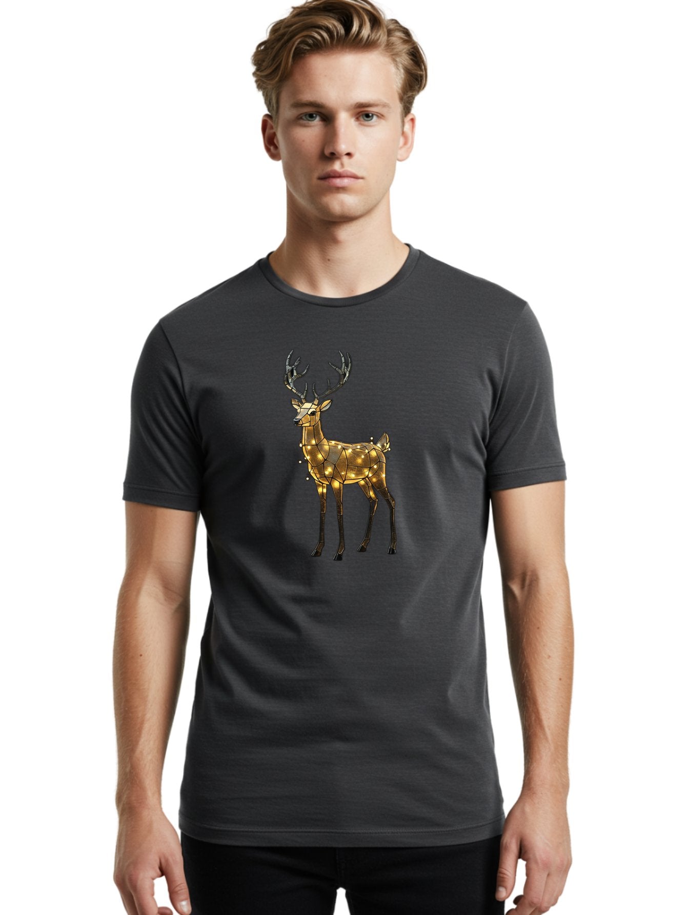 Led-Reindeer Men'S Graphic Tee, 100% Cotton, Comfortable Casual Summer Wear, Machine Washable, Illuminated Reindeer, Golden Lights, Festive Decor, Christmas Display, Holiday Decoration, Wire Sculpture, Glowing Ornament, Seasonal Display Bac119 26