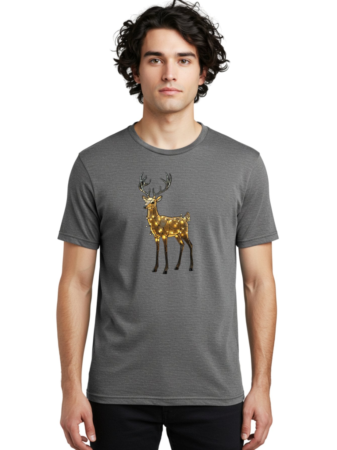 Led-Reindeer Men'S Graphic Tee, 100% Cotton, Comfortable Casual Summer Wear, Machine Washable, Illuminated Reindeer, Golden Lights, Festive Decor, Christmas Display, Holiday Decoration, Wire Sculpture, Glowing Ornament, Seasonal Display Bac119 23