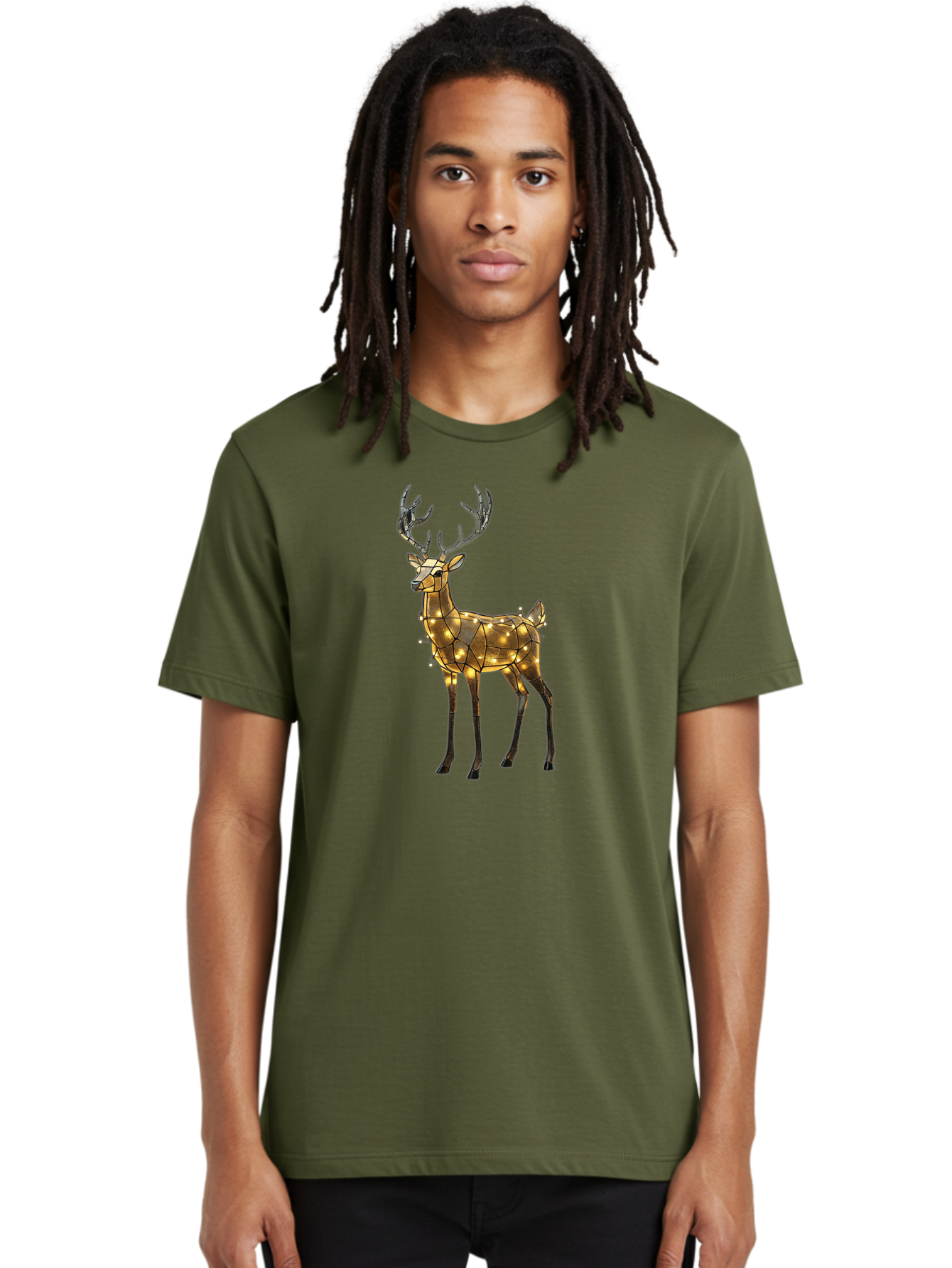 Led-Reindeer Men'S Graphic Tee, 100% Cotton, Comfortable Casual Summer Wear, Machine Washable, Illuminated Reindeer, Golden Lights, Festive Decor, Christmas Display, Holiday Decoration, Wire Sculpture, Glowing Ornament, Seasonal Display Bac119 22