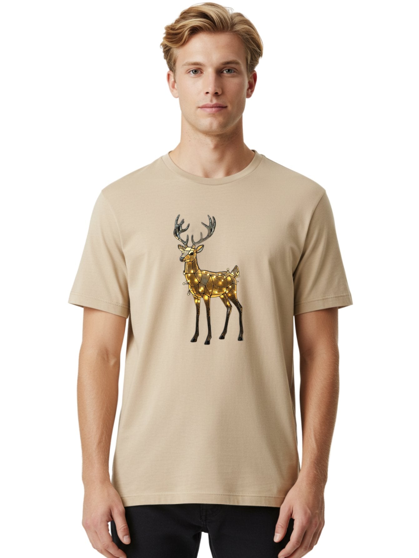 Led-Reindeer Men'S Graphic Tee, 100% Cotton, Comfortable Casual Summer Wear, Machine Washable, Illuminated Reindeer, Golden Lights, Festive Decor, Christmas Display, Holiday Decoration, Wire Sculpture, Glowing Ornament, Seasonal Display Bac119 25