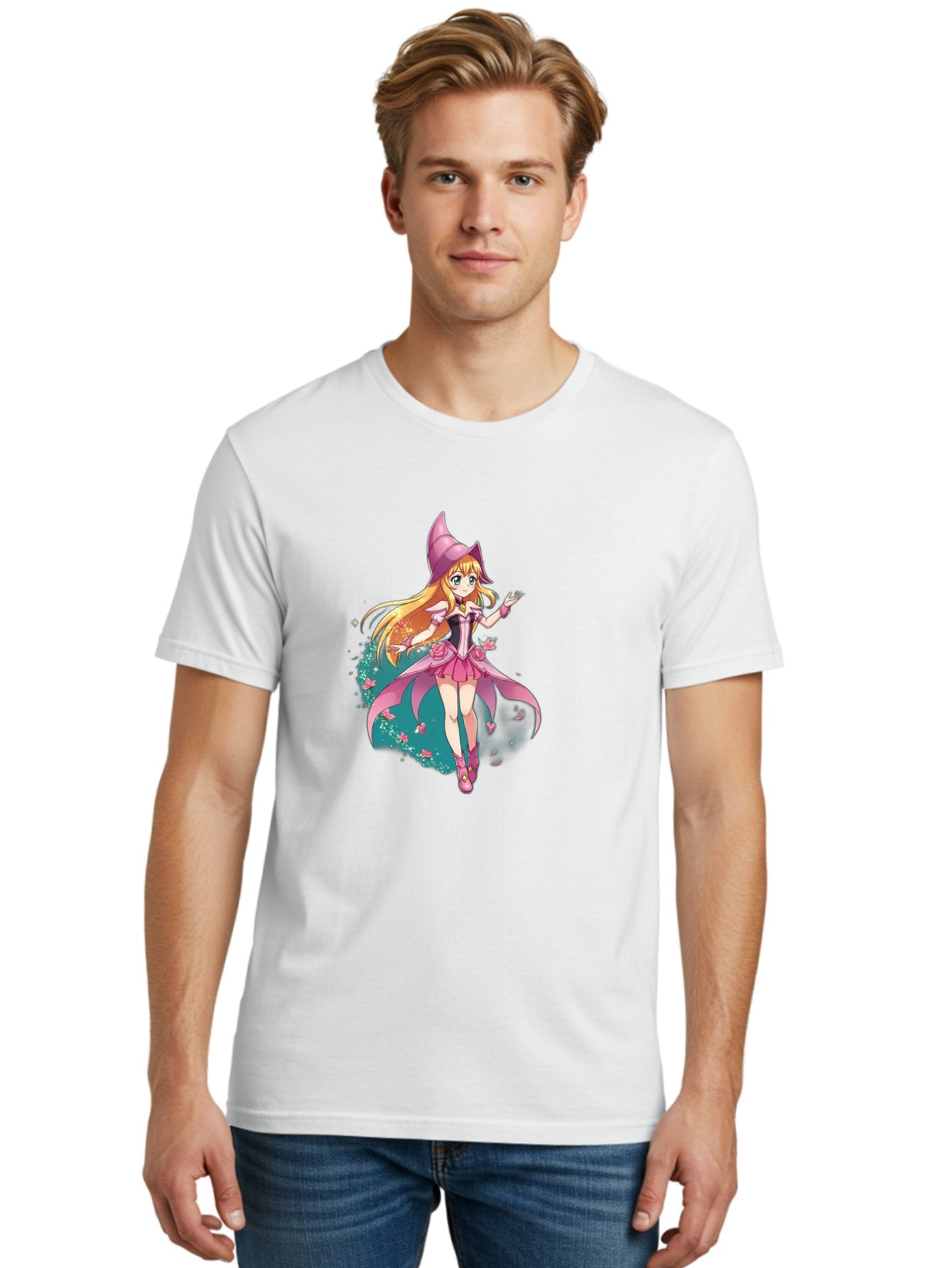 Lockette Men'S Graphic Tee, 100% Cotton, Comfortable Casual Summer Wear, Machine Washable, Anime Girl, Magical Powers, Fantasy Illustration, Pink Dress, Blonde Hair, Blue Eyes, Pink Hat, Charming Character, Winx Club Bac122 19