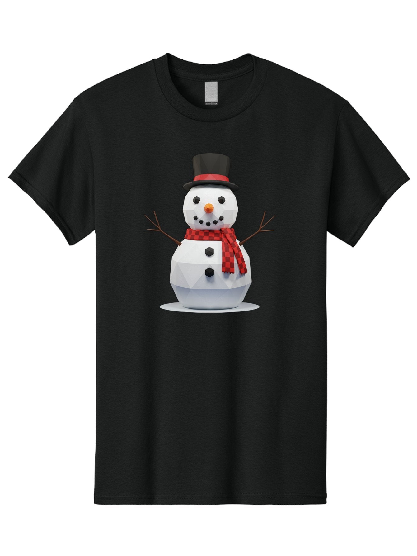 Low-Poly-Snowman-Portrait Men'S Graphic Tee, 100% Cotton, Comfortable Casual Summer Wear, Machine Washable, Low Poly Snowman, 3D Model, Winter Decoration, Festive Character, Checkered Scarf, Black Top Hat, Geometric Design, Christmas Theme, Bac123 5