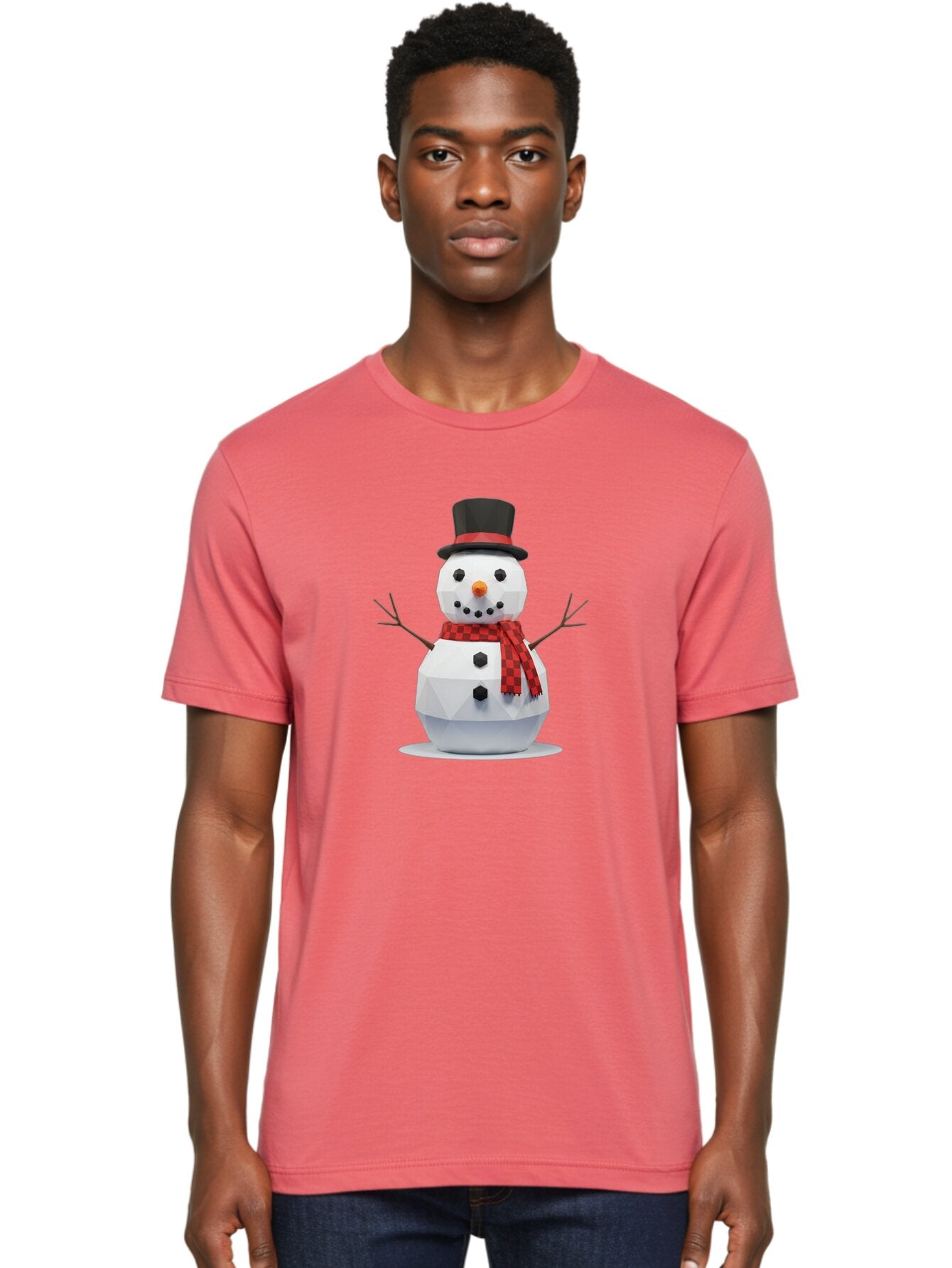 Low-Poly-Snowman-Portrait Men'S Graphic Tee, 100% Cotton, Comfortable Casual Summer Wear, Machine Washable, Low Poly Snowman, 3D Model, Winter Decoration, Festive Character, Checkered Scarf, Black Top Hat, Geometric Design, Christmas Theme, Bac123 29