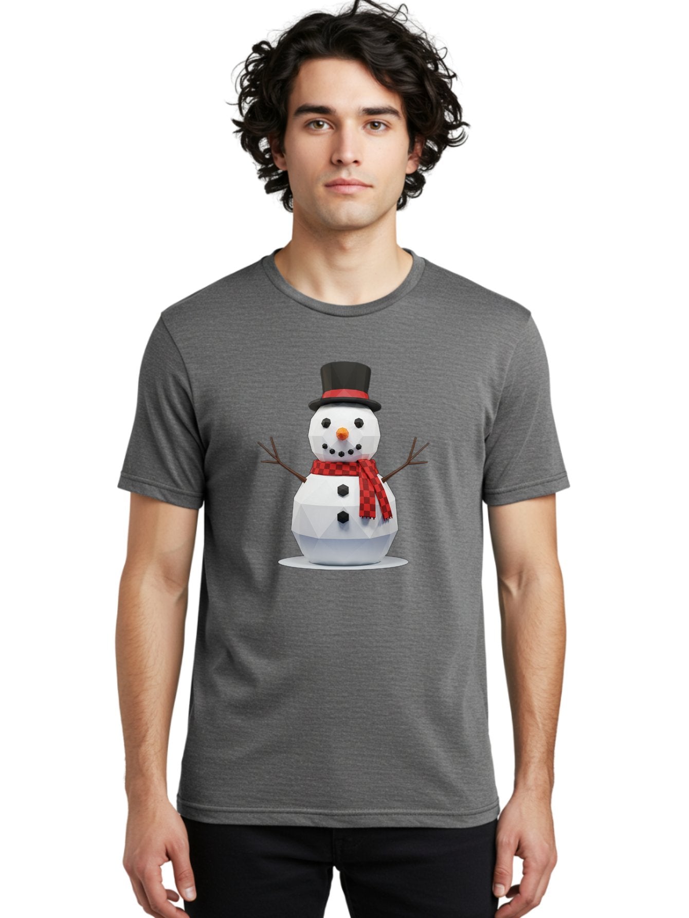 Low-Poly-Snowman-Portrait Men'S Graphic Tee, 100% Cotton, Comfortable Casual Summer Wear, Machine Washable, Low Poly Snowman, 3D Model, Winter Decoration, Festive Character, Checkered Scarf, Black Top Hat, Geometric Design, Christmas Theme, Bac123 30
