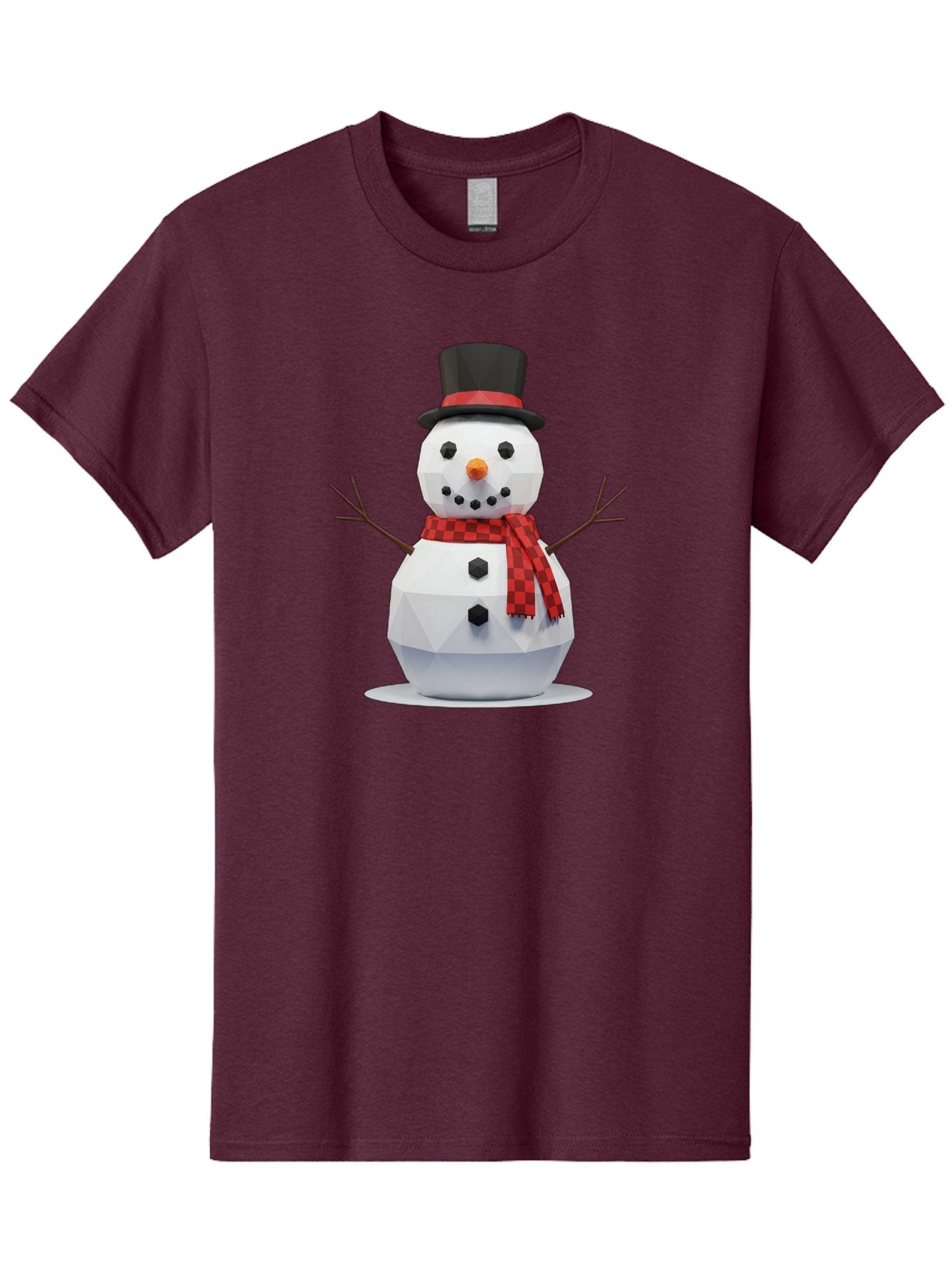 Low-Poly-Snowman-Portrait Men'S Graphic Tee, 100% Cotton, Comfortable Casual Summer Wear, Machine Washable, Low Poly Snowman, 3D Model, Winter Decoration, Festive Character, Checkered Scarf, Black Top Hat, Geometric Design, Christmas Theme, Bac123 13