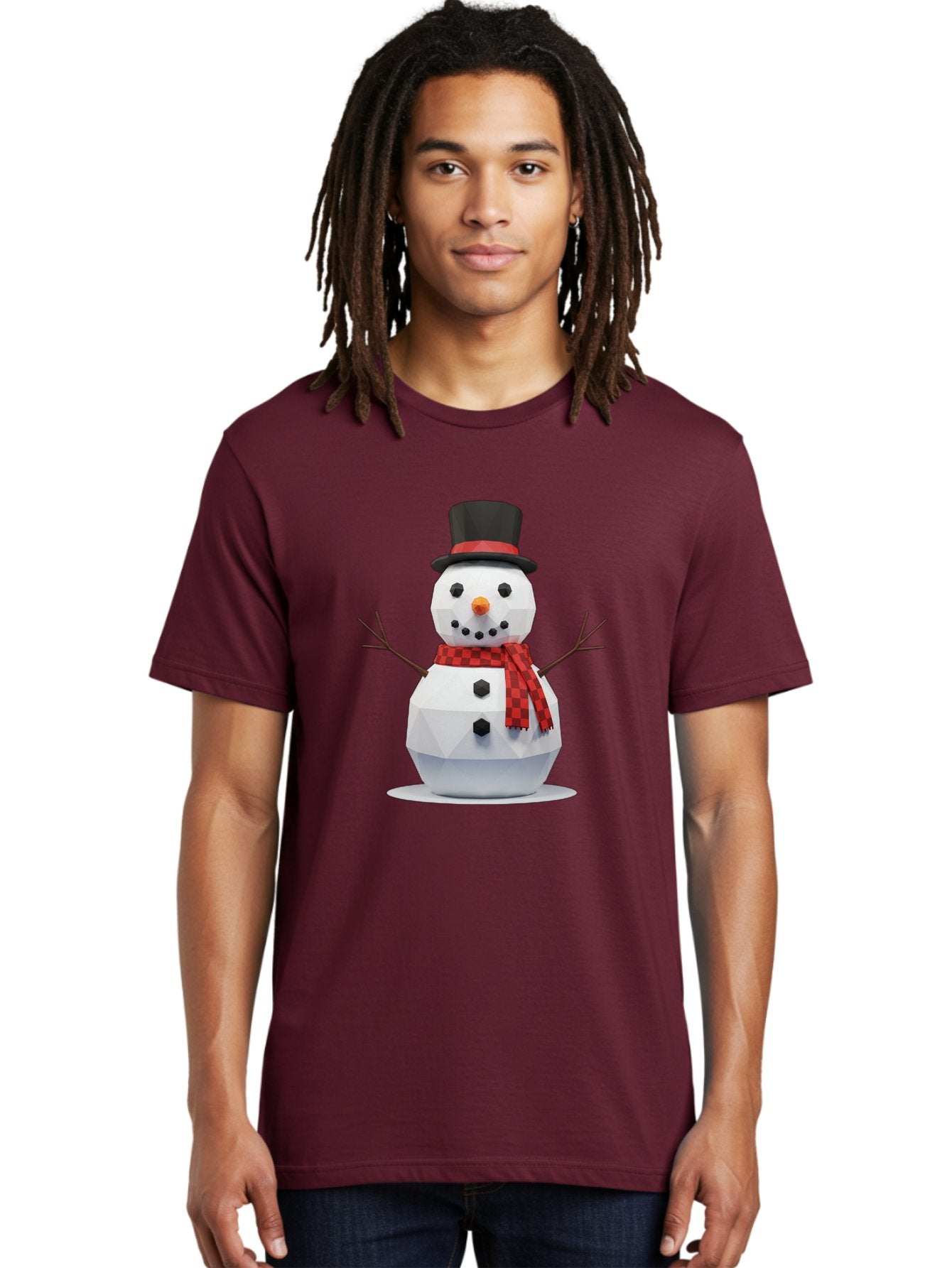 Low-Poly-Snowman-Portrait Men'S Graphic Tee, 100% Cotton, Comfortable Casual Summer Wear, Machine Washable, Low Poly Snowman, 3D Model, Winter Decoration, Festive Character, Checkered Scarf, Black Top Hat, Geometric Design, Christmas Theme, Bac123 20