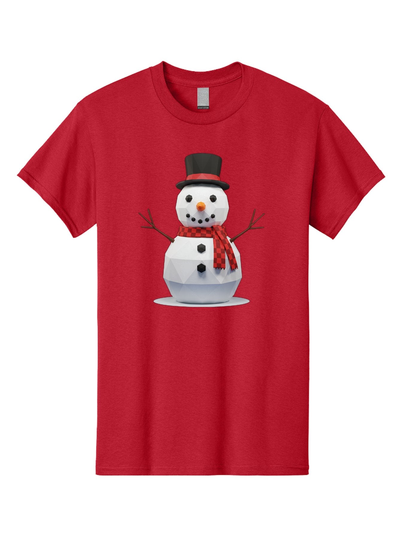 Low-Poly-Snowman-Portrait Men'S Graphic Tee, 100% Cotton, Comfortable Casual Summer Wear, Machine Washable, Low Poly Snowman, 3D Model, Winter Decoration, Festive Character, Checkered Scarf, Black Top Hat, Geometric Design, Christmas Theme, Bac123 4