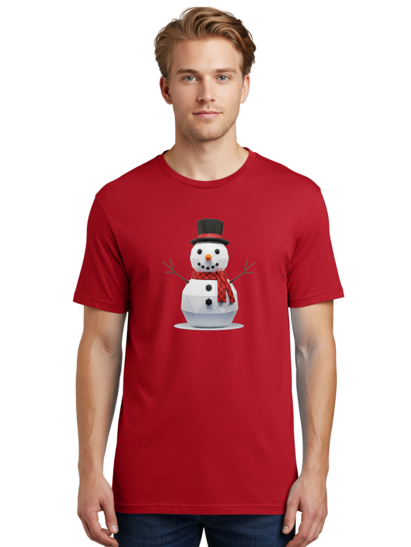 Low-Poly-Snowman-Portrait Men'S Graphic Tee, 100% Cotton, Comfortable Casual Summer Wear, Machine Washable, Low Poly Snowman, 3D Model, Winter Decoration, Festive Character, Checkered Scarf, Black Top Hat, Geometric Design, Christmas Theme, Bac123 27