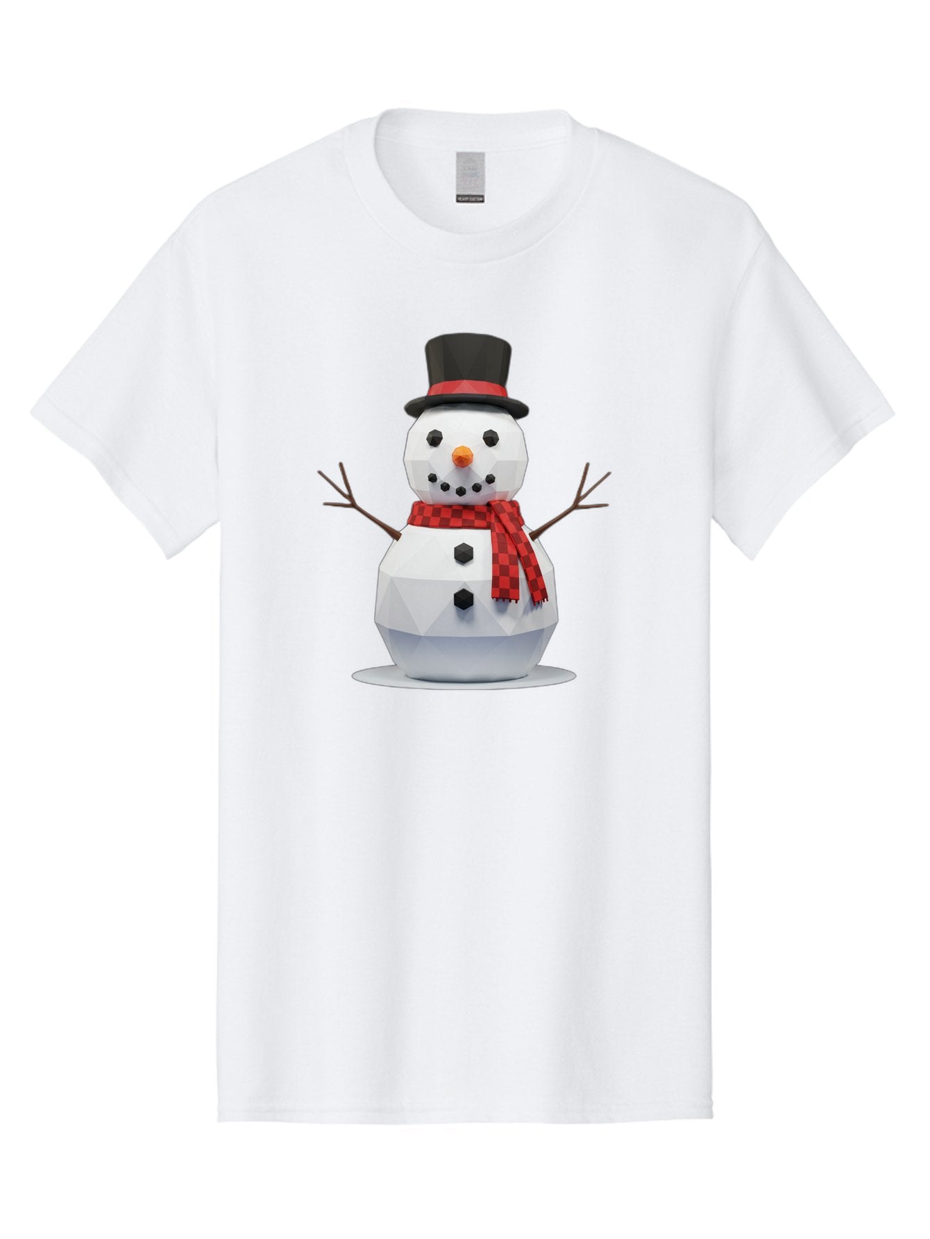 Low-Poly-Snowman-Portrait Men'S Graphic Tee, 100% Cotton, Comfortable Casual Summer Wear, Machine Washable, Low Poly Snowman, 3D Model, Winter Decoration, Festive Character, Checkered Scarf, Black Top Hat, Geometric Design, Christmas Theme, Bac123