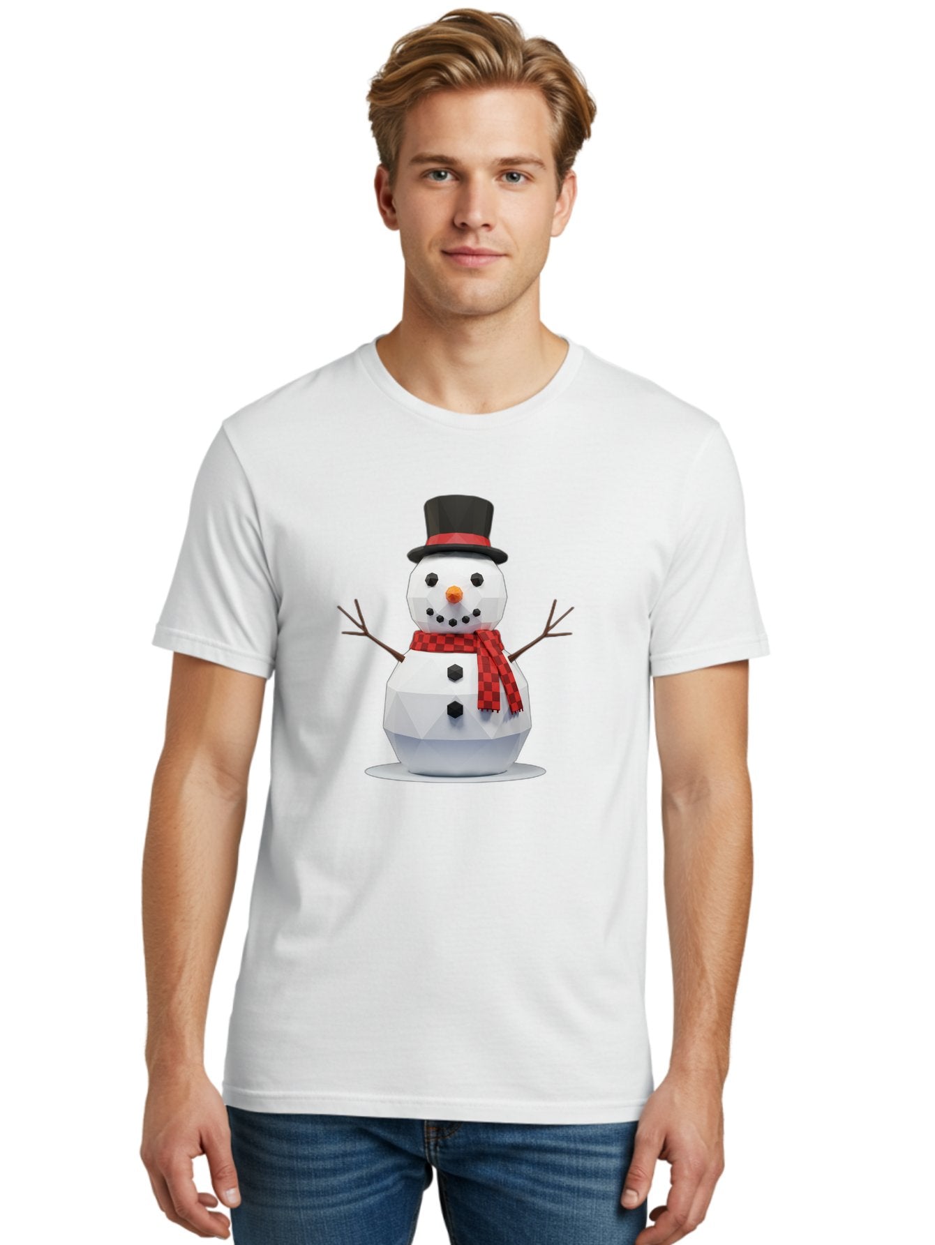 Low-Poly-Snowman-Portrait Men'S Graphic Tee, 100% Cotton, Comfortable Casual Summer Wear, Machine Washable, Low Poly Snowman, 3D Model, Winter Decoration, Festive Character, Checkered Scarf, Black Top Hat, Geometric Design, Christmas Theme, Bac123 21