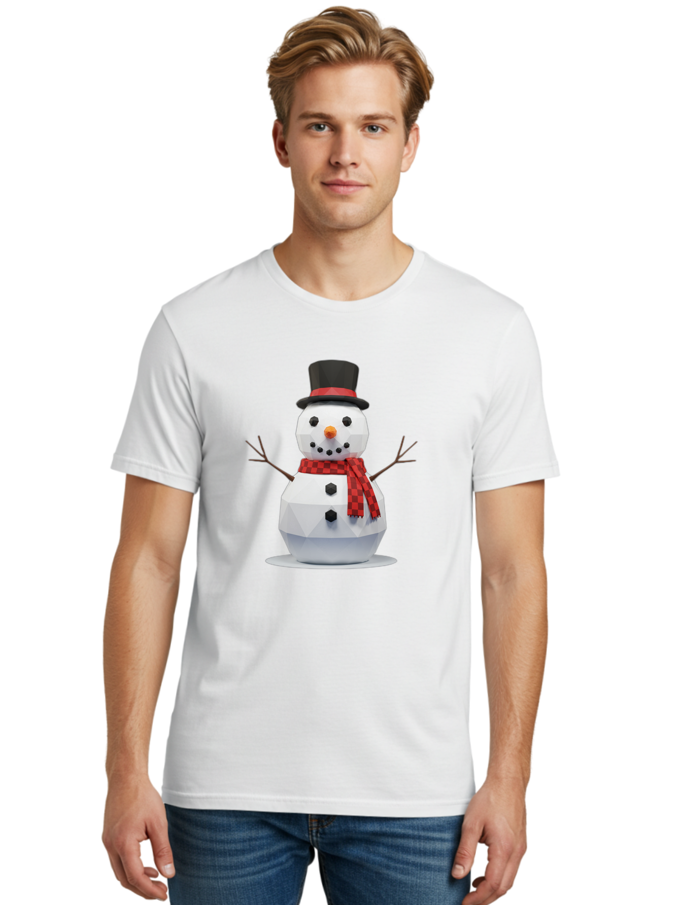 Low-Poly-Snowman-Portrait Men'S Graphic Tee, 100% Cotton, Comfortable Casual Summer Wear, Machine Washable, Low Poly Snowman, 3D Model, Winter Decoration, Festive Character, Checkered Scarf, Black Top Hat, Geometric Design, Christmas Theme, Bac123 25