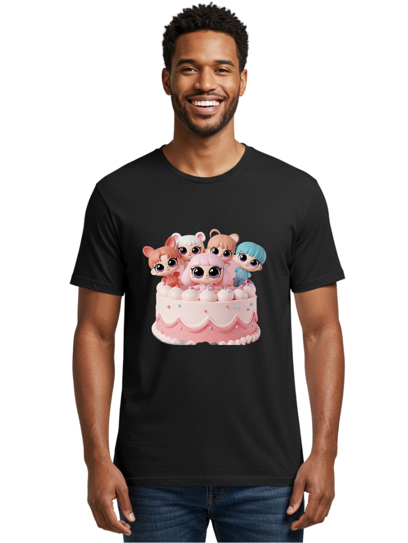 Lps-On-Cake Men'S Graphic Tee, 100% Cotton, Comfortable Casual Summer Wear, Machine Washable, Cute Dolls On Cake, Pastel Colors, Sweet Treats, Adorable Toys, Kawaii Culture, Doll Collectors, Birthday Celebrations, Pastel Pink And White, Bac124 24