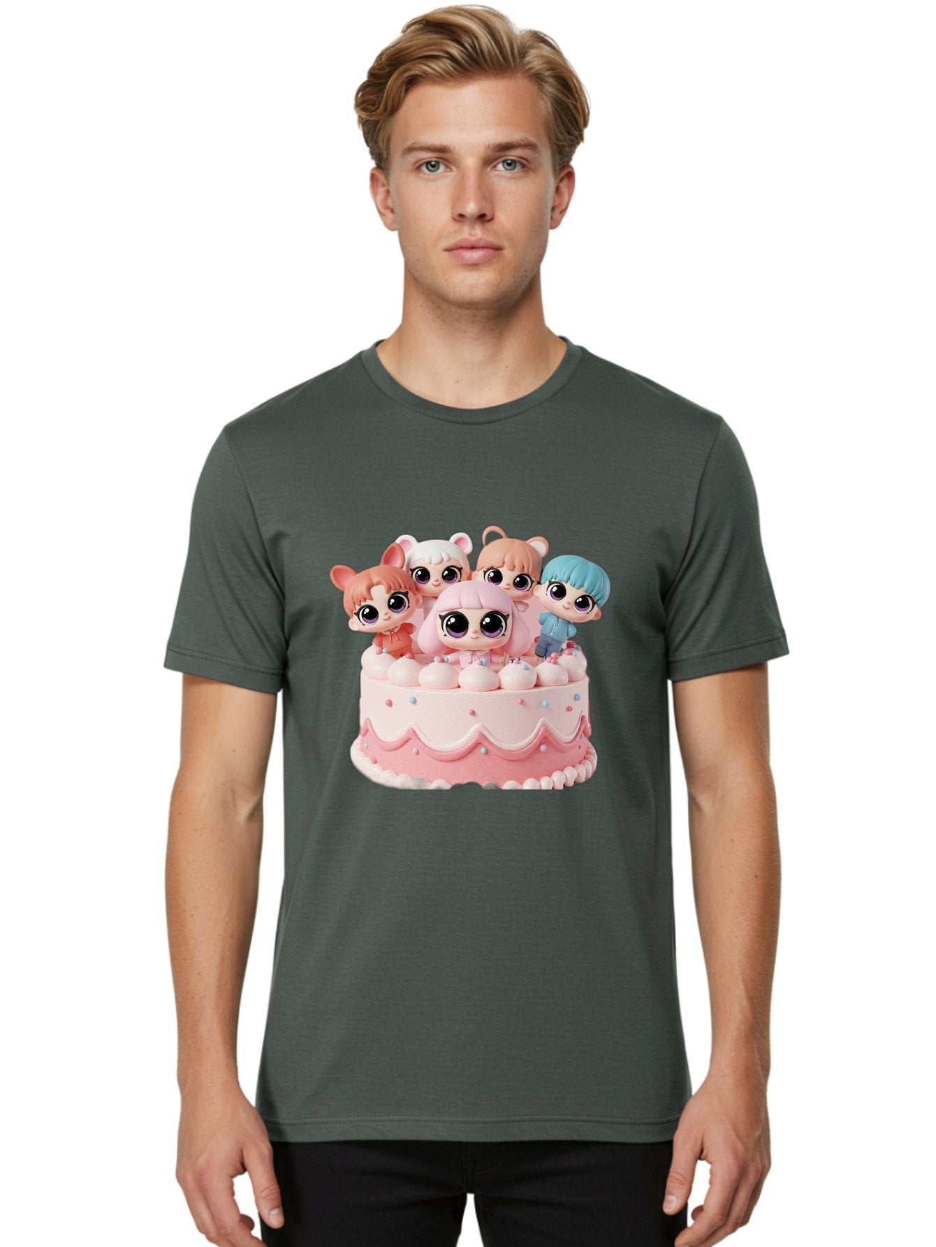 Lps-On-Cake Men'S Graphic Tee, 100% Cotton, Comfortable Casual Summer Wear, Machine Washable, Cute Dolls On Cake, Pastel Colors, Sweet Treats, Adorable Toys, Kawaii Culture, Doll Collectors, Birthday Celebrations, Pastel Pink And White, Bac124 30
