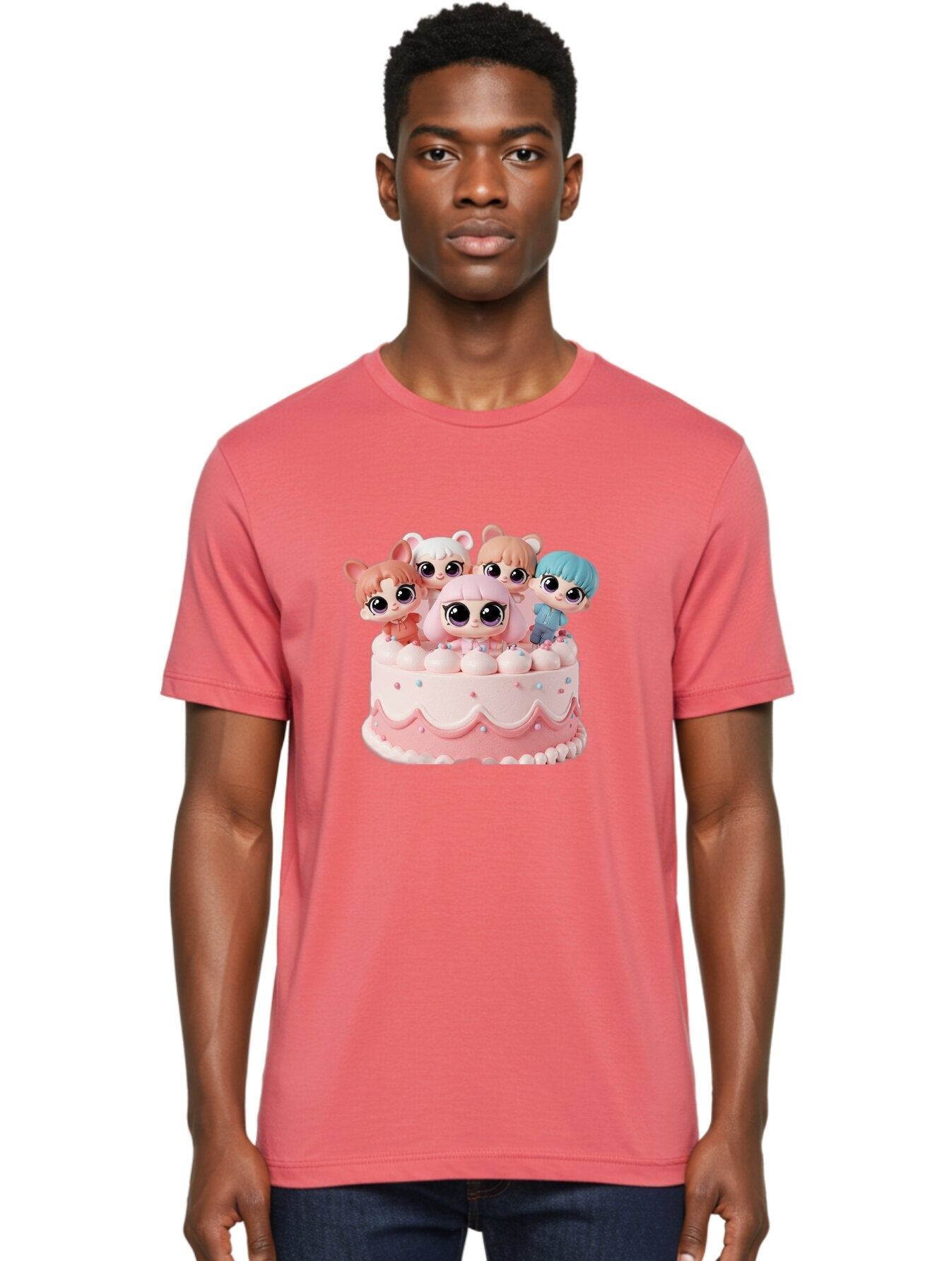 Lps-On-Cake Men'S Graphic Tee, 100% Cotton, Comfortable Casual Summer Wear, Machine Washable, Cute Dolls On Cake, Pastel Colors, Sweet Treats, Adorable Toys, Kawaii Culture, Doll Collectors, Birthday Celebrations, Pastel Pink And White, Bac124 27