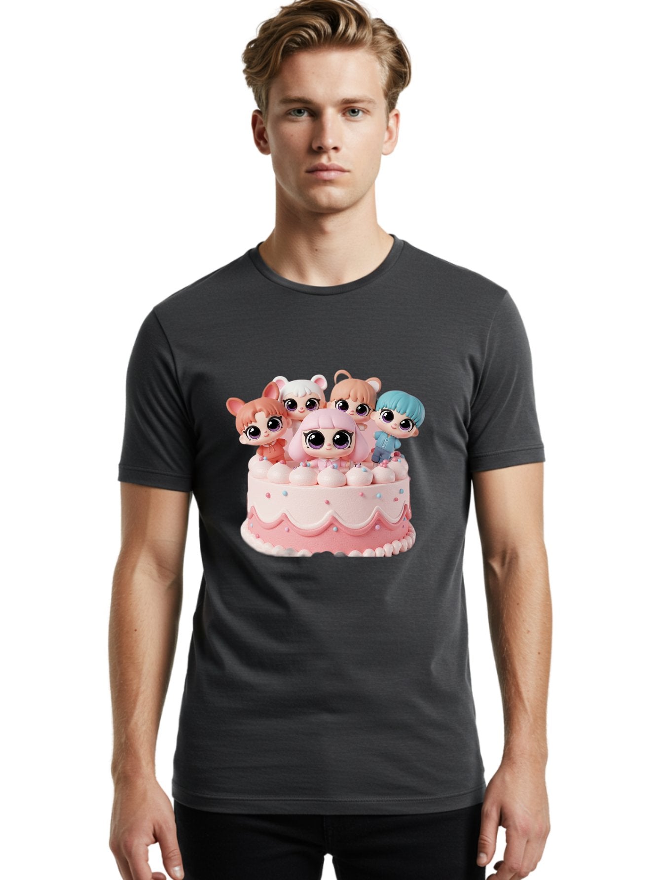 Lps-On-Cake Men'S Graphic Tee, 100% Cotton, Comfortable Casual Summer Wear, Machine Washable, Cute Dolls On Cake, Pastel Colors, Sweet Treats, Adorable Toys, Kawaii Culture, Doll Collectors, Birthday Celebrations, Pastel Pink And White, Bac124 25